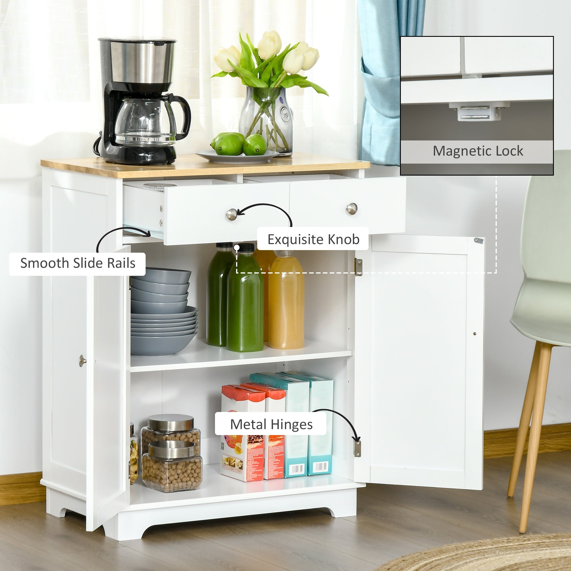 Kitchen Storage Cabinet, Sideboard Buffet Cabinet with Solid Wood Top, Adjustable Shelf, 2 Drawers and 2 Doors, White Storage Cabinets   at Gallery Canada