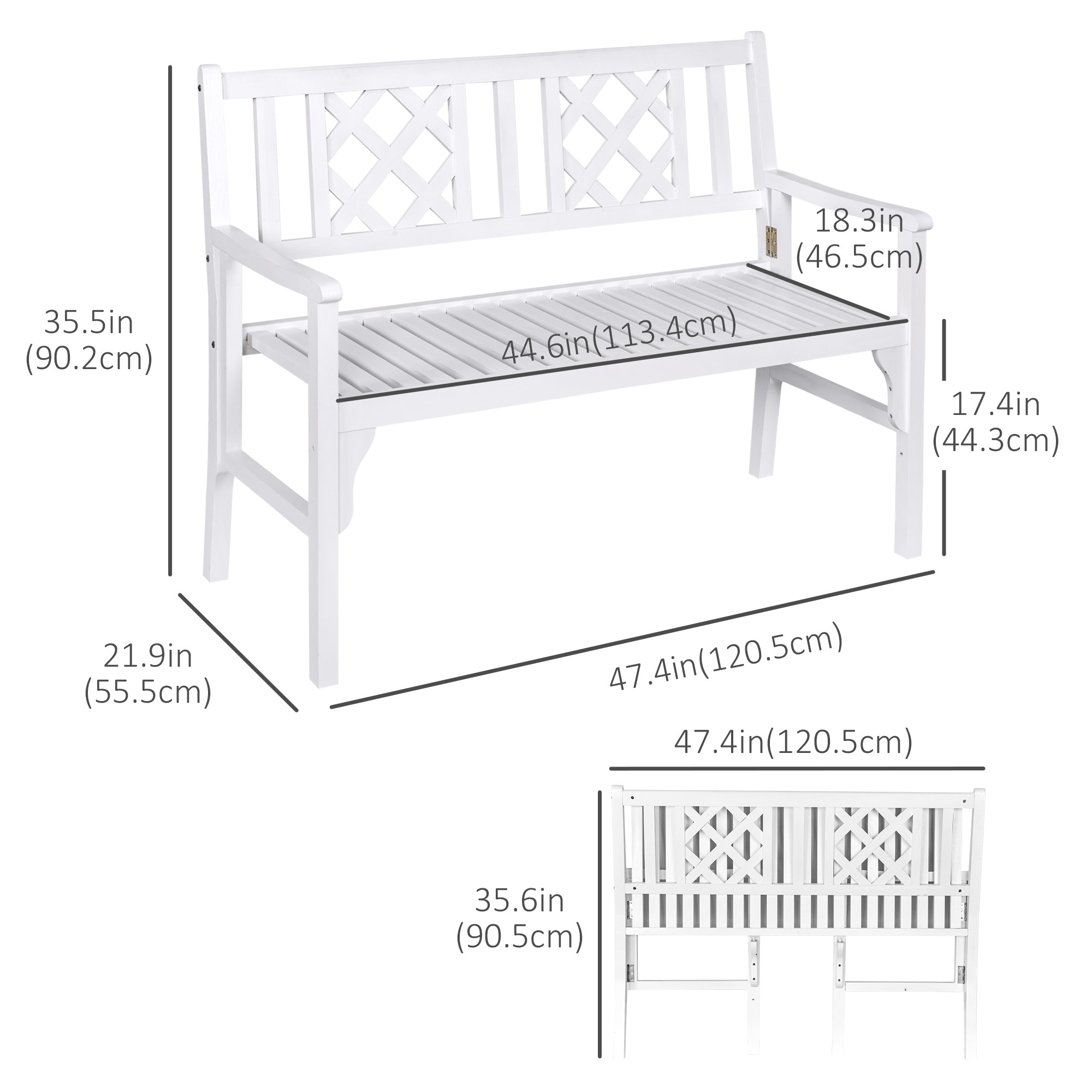 Foldable Garden Bench, 2-Seater Patio Wooden Bench, Loveseat Chair with Backrest and Armrest for Patio, Porch or Balcony, White Outdoor Benches at Gallery Canada