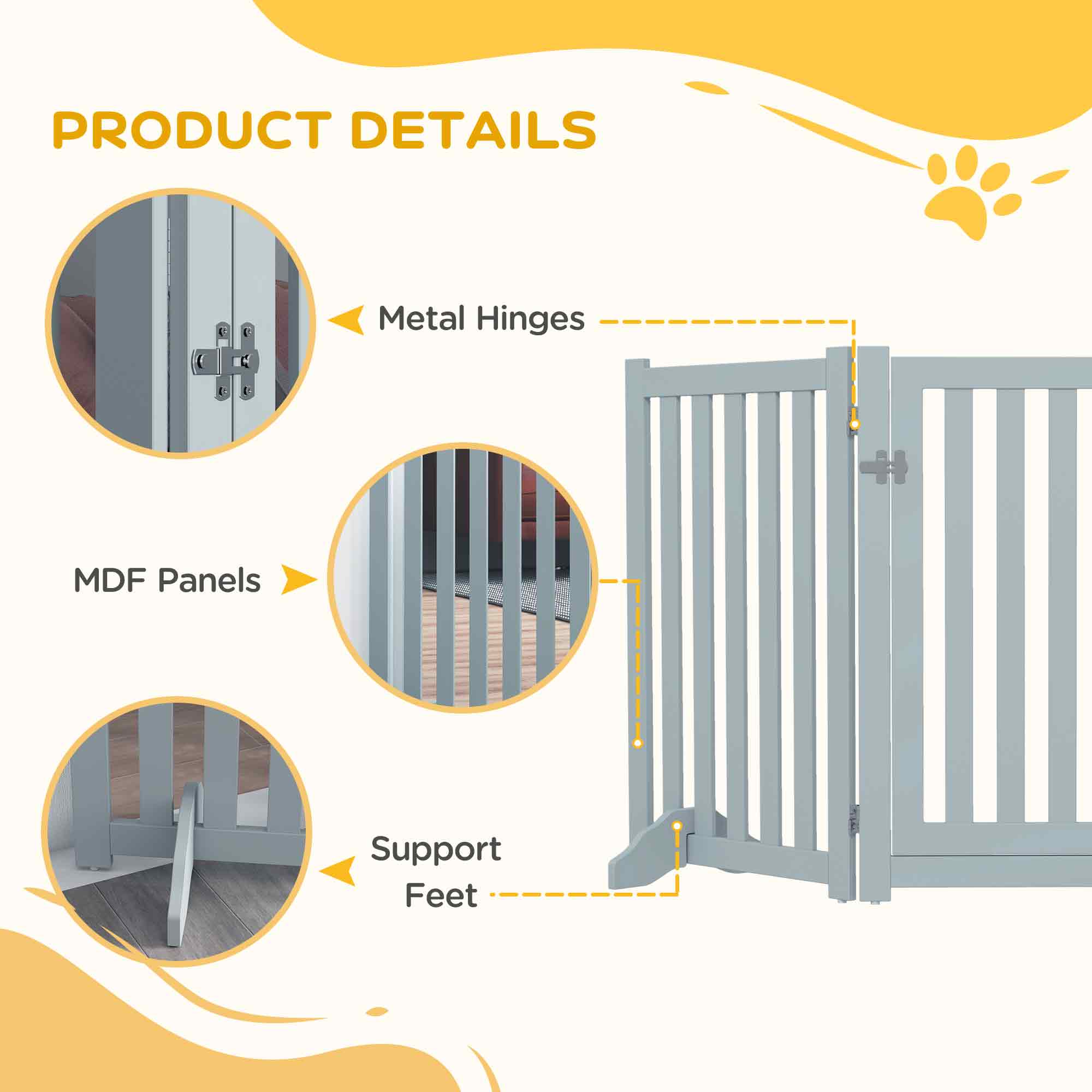 3-Panel Foldable Dog Gate with Feet for Medium Dogs and Below, Grey Houses, Kennels & Pens   at Gallery Canada