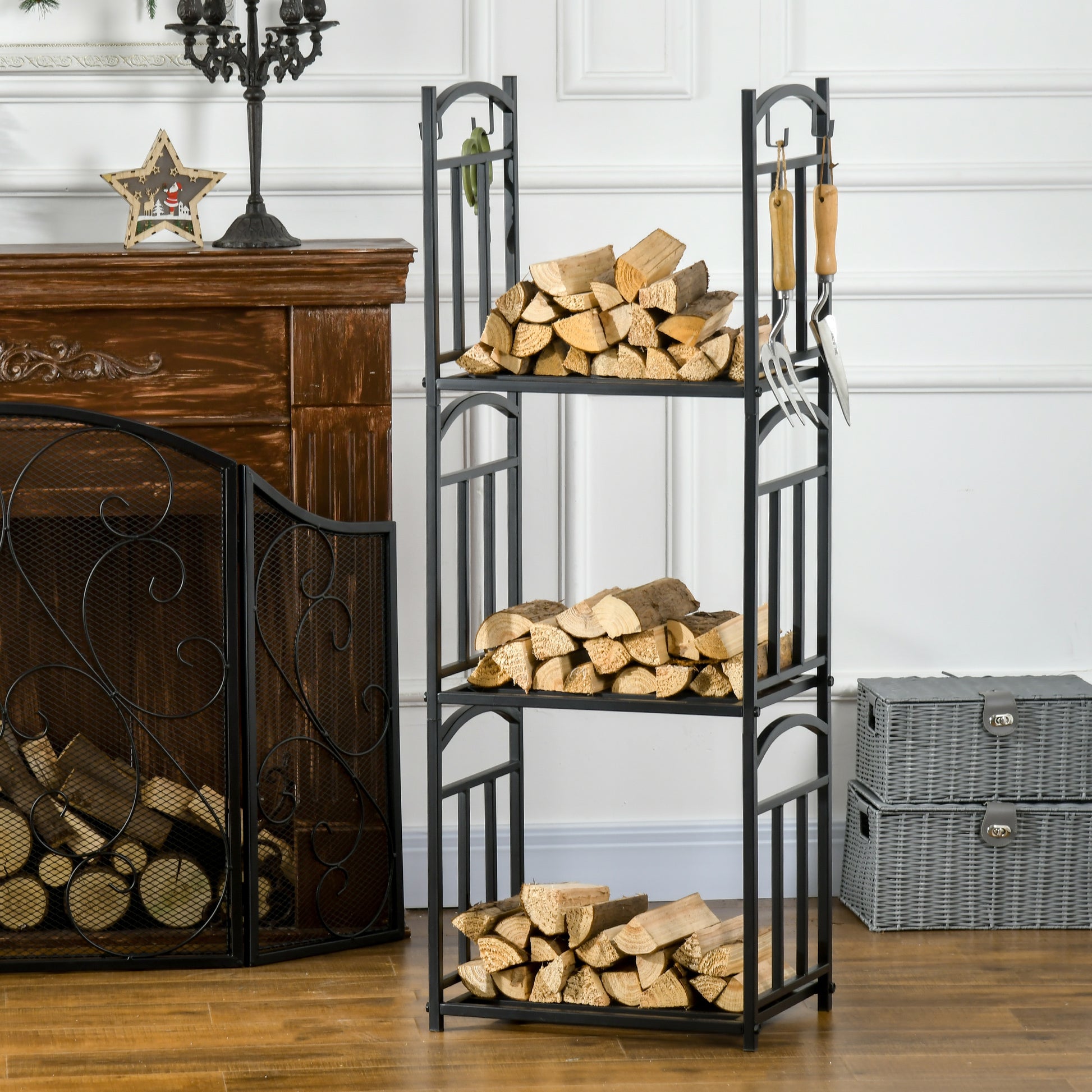 3-Tier Firewood Rack Heavy Duty Wood Storage Log Stacking Shelf with Hanging Hooks, Outdoor Indoor Use, Black Firewood Racks   at Gallery Canada