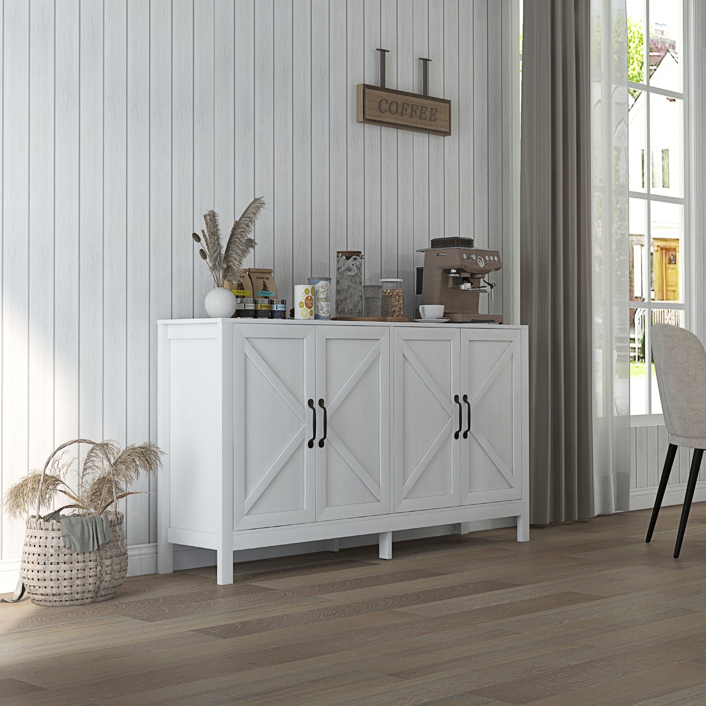 Sideboard Buffet, Storage Cabinet with Barn Door and Adjustable Shelf, TV Stand for TVs up to 65 Inches, White Bar Cabinets   at Gallery Canada