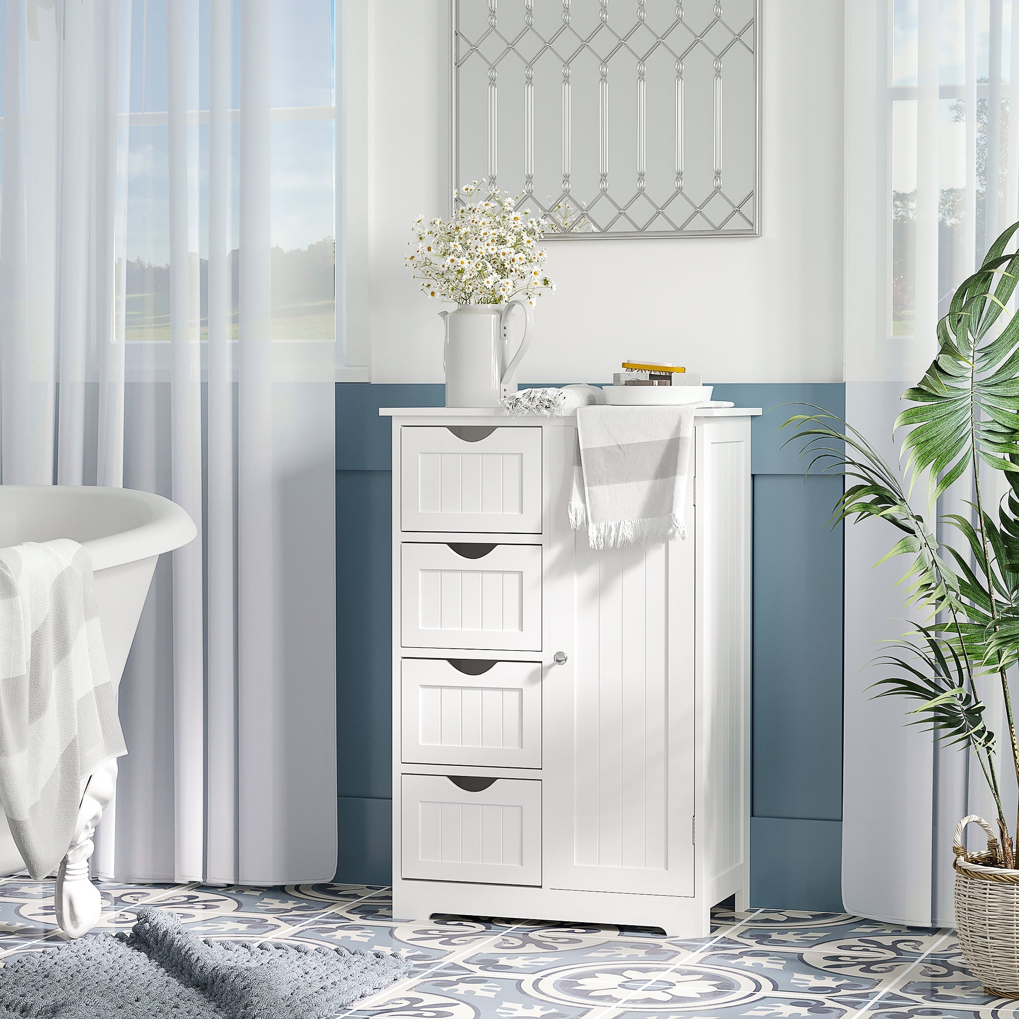 Bathroom Storage Cabinet, Floor Cabinet with Adjustable Shelf and 4 Drawers, Side Cabinet for Washroom, White Bathroom Cabinets   at Gallery Canada