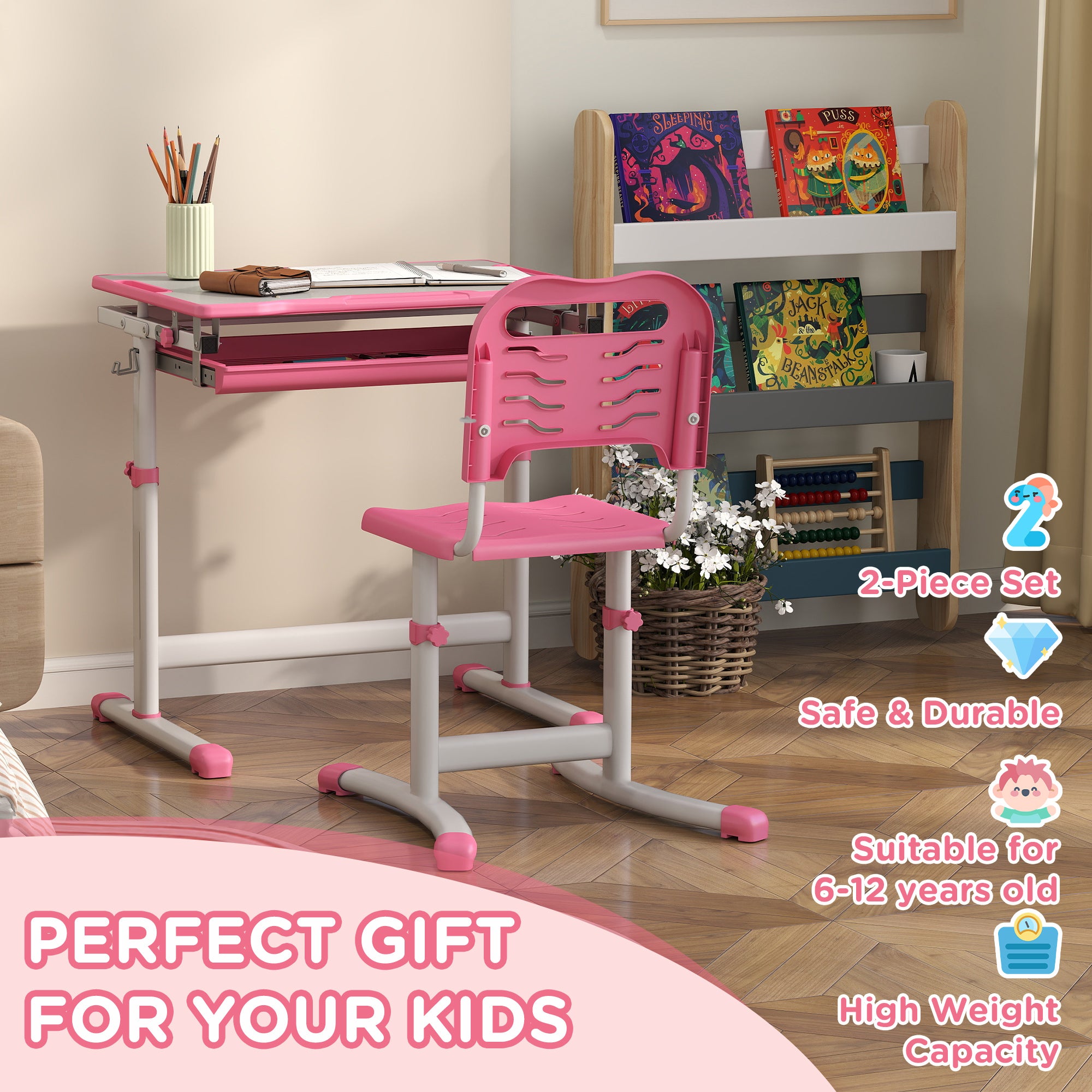 Height Adjustable Study Table and Chair Set with Drawer, Pen Slot, Tiltable Desktop, Hook, Pink Kids Desk Sets   at Gallery Canada