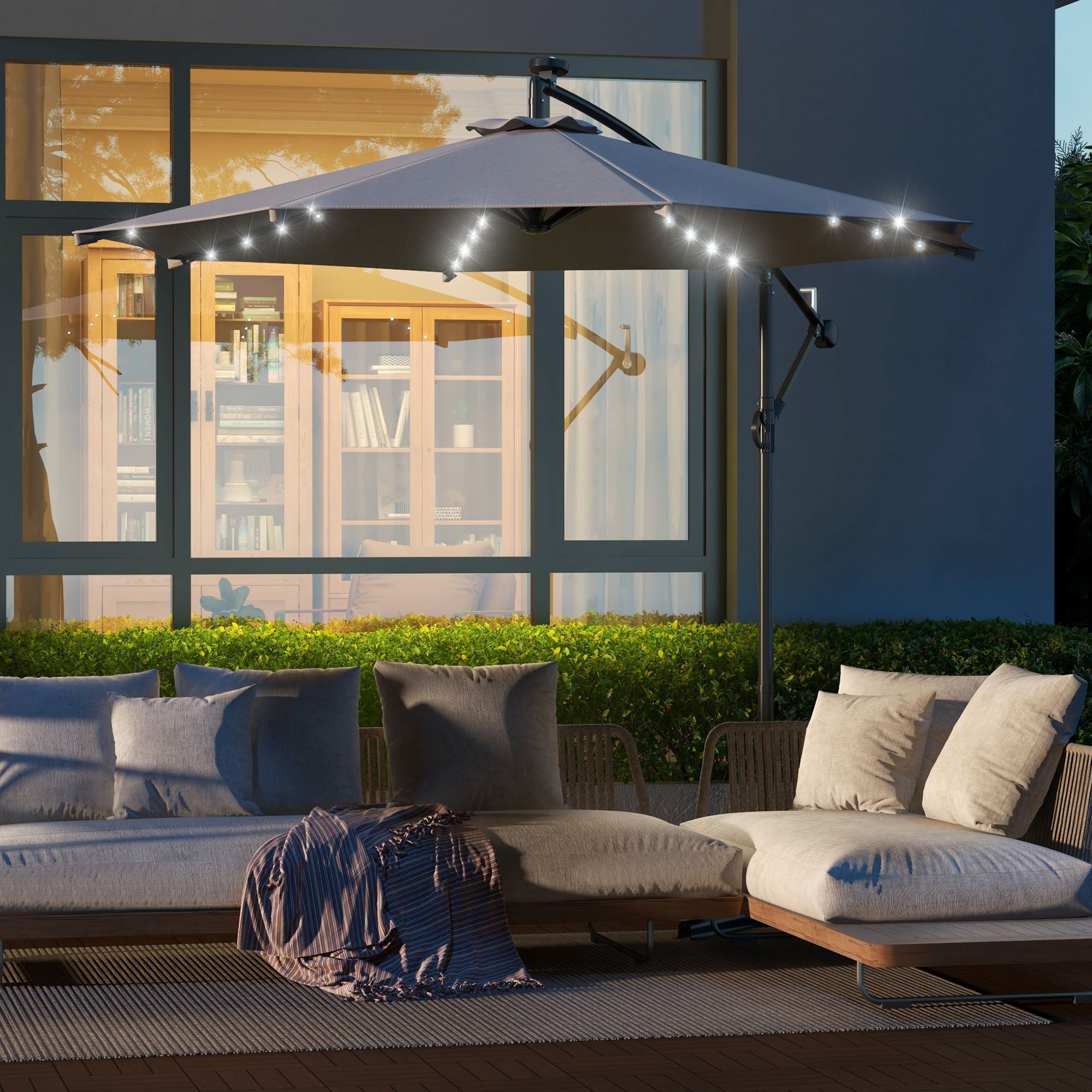 10ft Outdoor Cantilever Umbrella Banana Umbrella with Solar Lights and Adjustable Angle for Patio Backyard Light Grey Cantilever Umbrellas at Gallery Canada