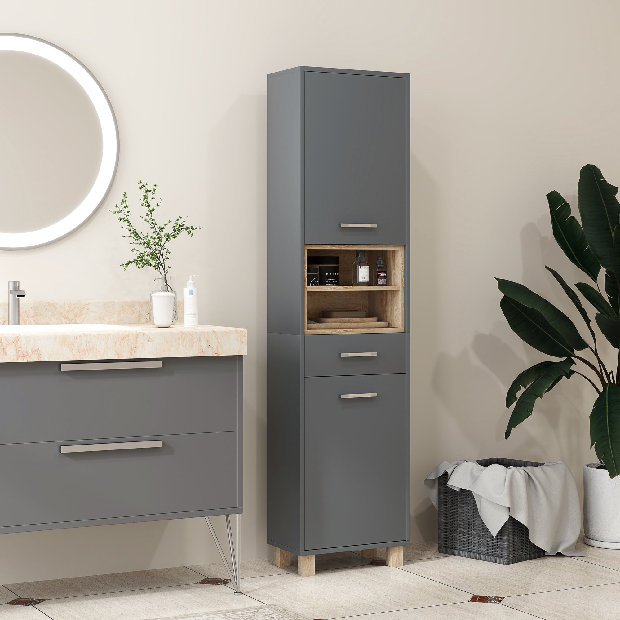 Tall Bathroom Storage Cabinet, Freestanding Bathroom Cabinet with Open Compartments, Double Doors and Drawer Bathroom Cabinets at Gallery Canada