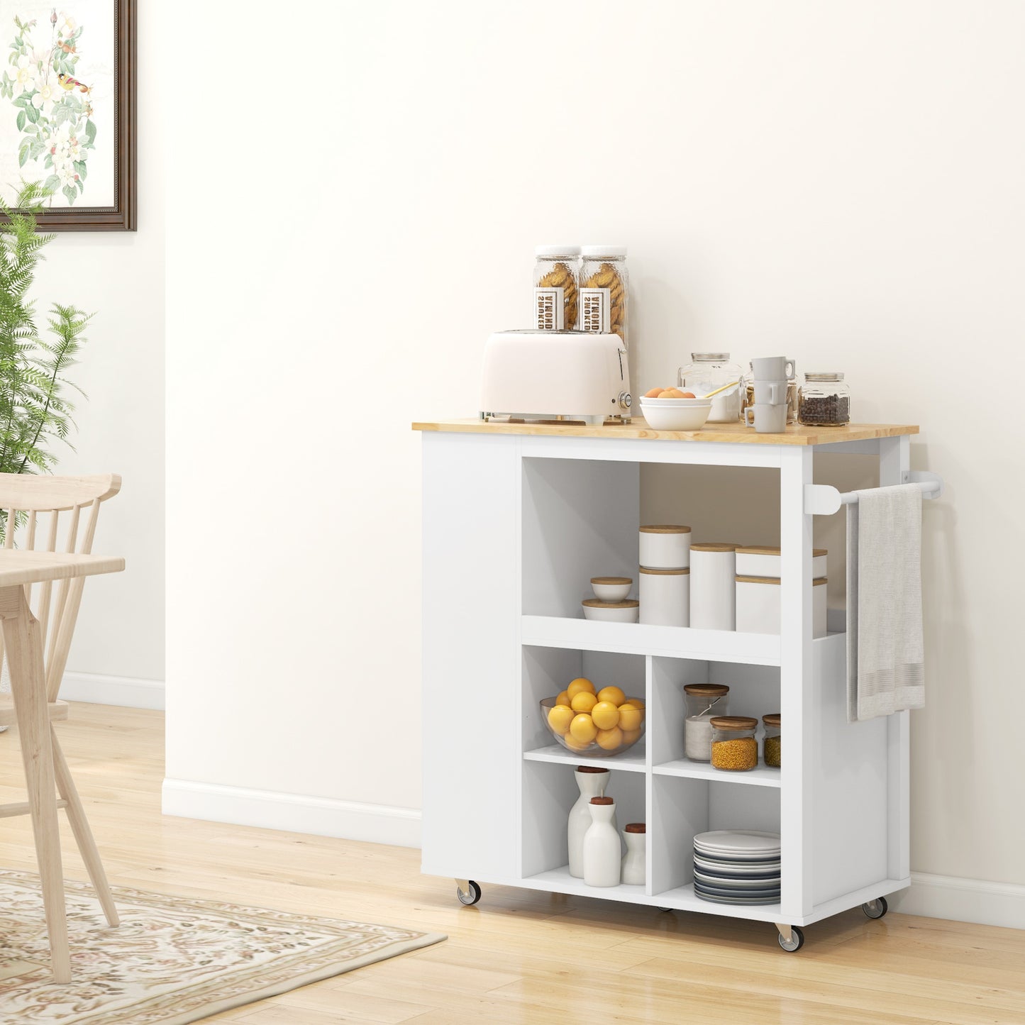 Kitchen Island Table Kitchen Cart with Rubberwood Top, Adjustable Shelves, Knife Rack, Towel Rack, Cabinet, White Kitchen Islands & Kitchen Carts   at Gallery Canada