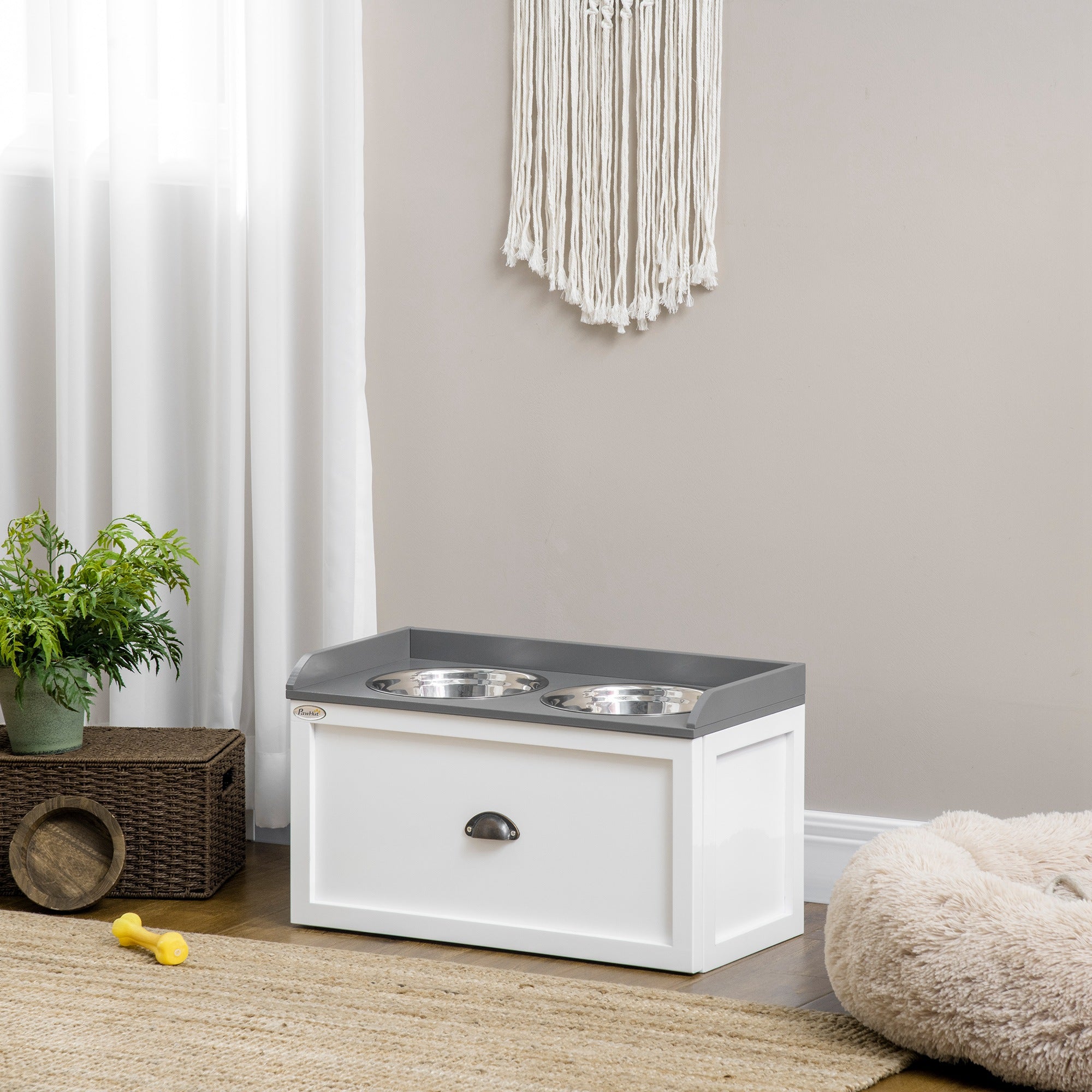 Elevated Dog Bowls Raised Pet Feeding Station with Storage 2 Stainless Steel Bowls, 23.6