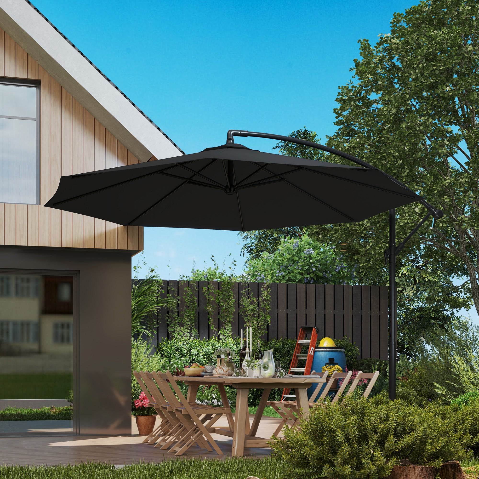 9.7ft Offset Patio Umbrella Garden Hanging Parasol Banana Cantilever Umbrella with Base, Crank, Black Offset Cantilever Umbrellas at Gallery Canada