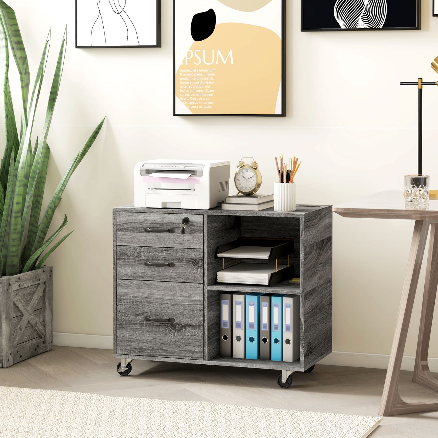 Mobile Printer Stand with Charging Station USB Ports Locking Filing Cabinet for A4 Letter Size Grey Office Cabinets & Cupboards Grey  at Gallery Canada