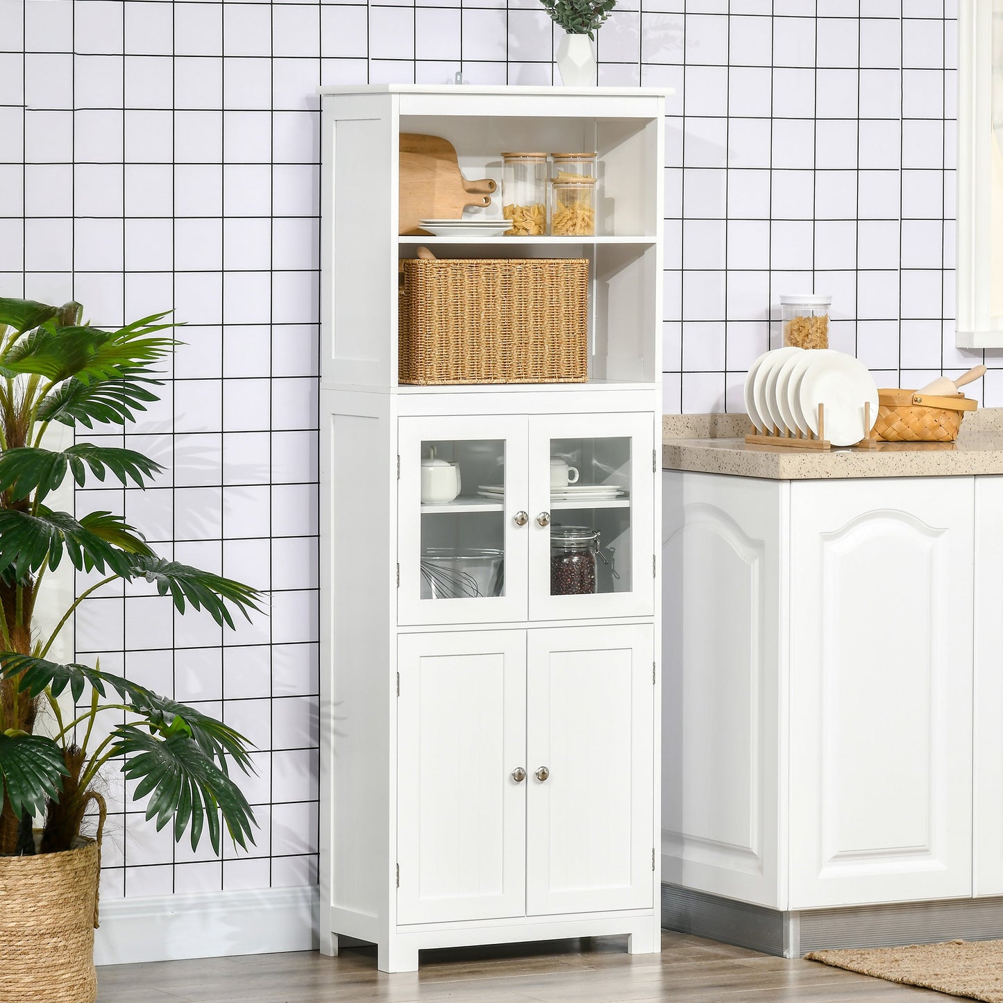 63" Small Buffet with Hutch, 4-Door Kitchen Pantry, Freestanding Storage Cabinet with Adjustable Shelf for Dining Room, Living Room, White Kitchen Pantry Cabinets   at Gallery Canada