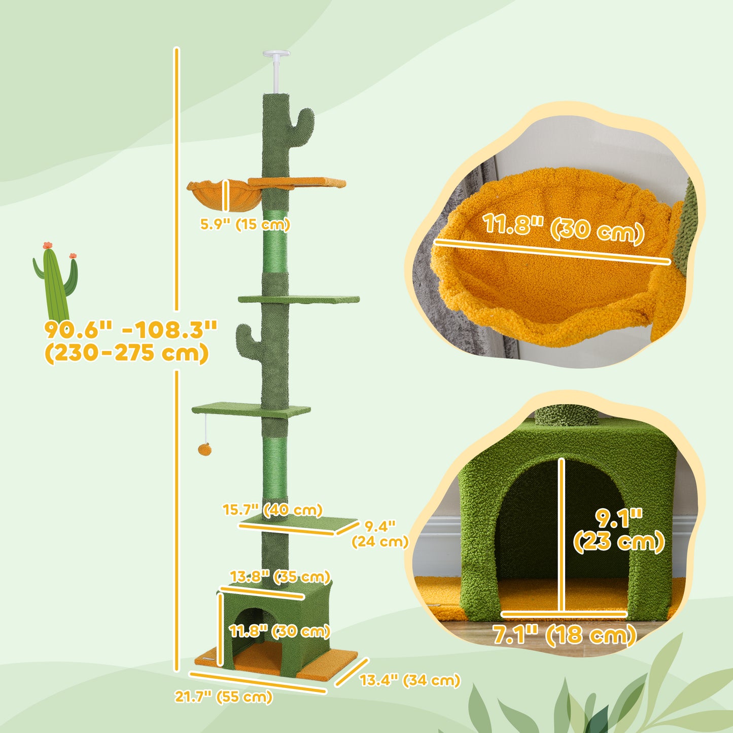 Floor to Ceiling Cat TreeTower with 90.5"-108" Adjustable Height, Scratching Posts, Hammock, Comdo, Toy Ball, Green Floor to Ceiling Cat Trees   at Gallery Canada