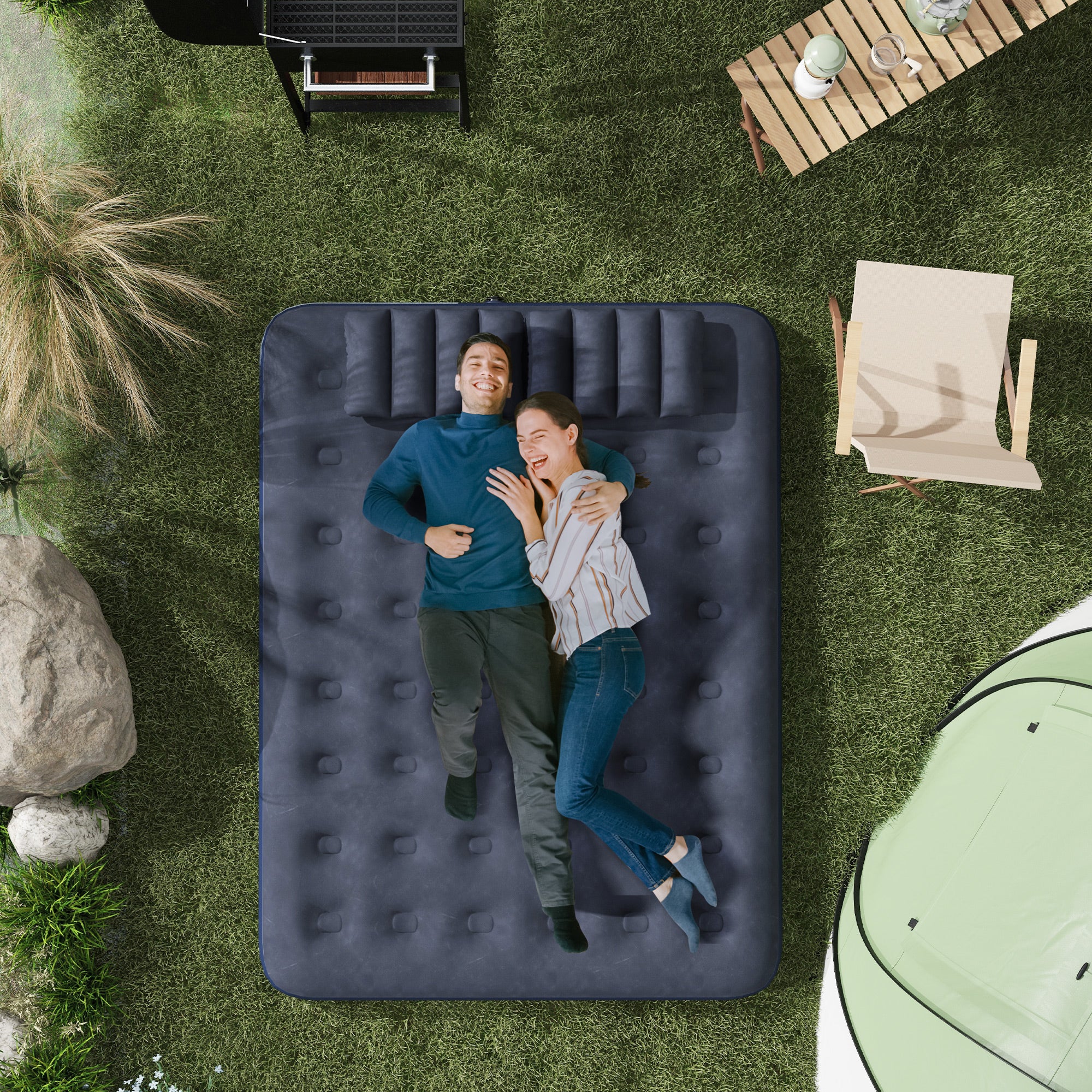Queen Size Air Mattress Camping Air Bed with 2 Pillows and Hand Pump, Blue Camping Cots at Gallery Canada