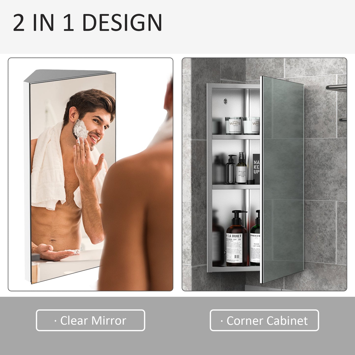 Wall mounted Bathroom Corner Mirror Storage Cabinet Stainless Steel with Single Door Mirror Medicine Cabinets   at Gallery Canada