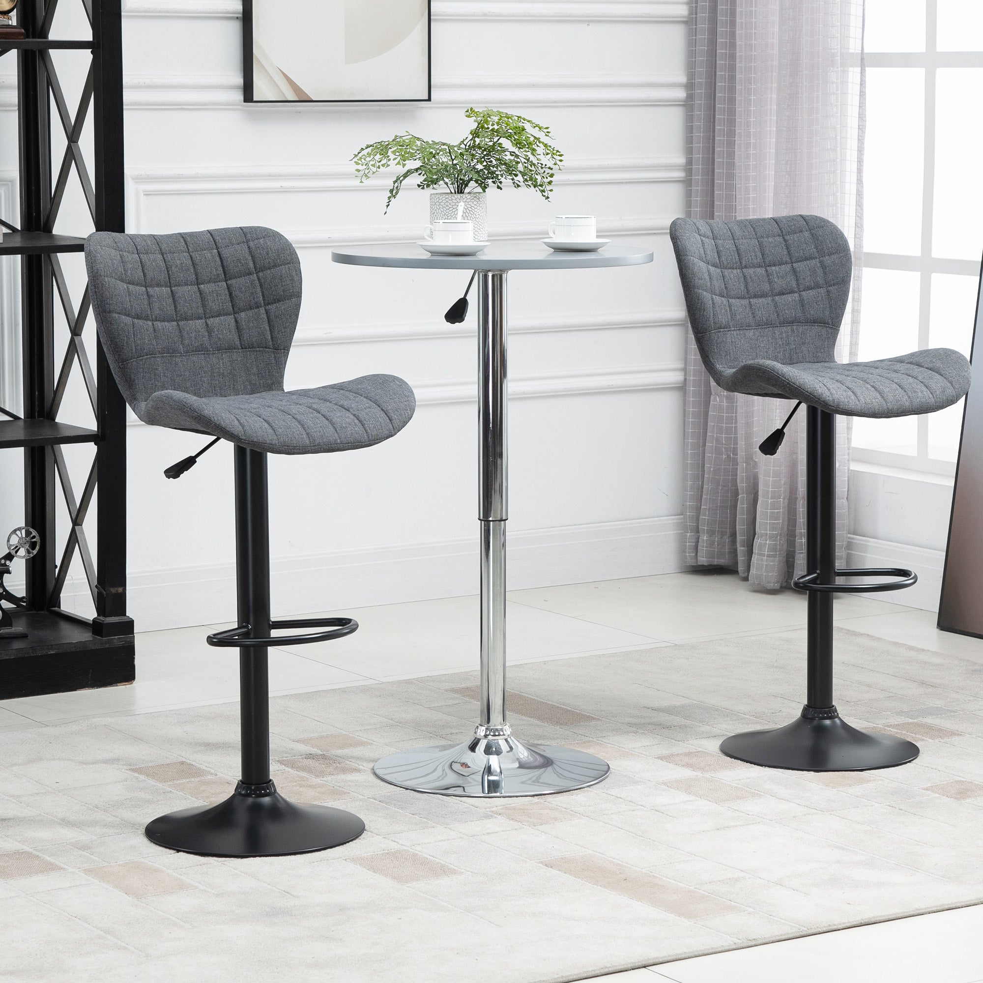 Bar Stools Set of 2 Adjustable Height Swivel Bar Chairs in Linen Fabric with Backrest &; Footrest, Grey Bar Stools   at Gallery Canada