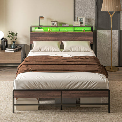 Queen Size Bed Frame with LED Lights and Charging Station, Queen Bed Frame with Storage Headboard, Noise-Free, Walnut Bedroom Furniture Multi Colour  at Gallery Canada