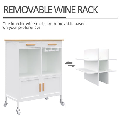 Portable Kitchen Trolley with Bamboo Top Storage Cabinet and Wine Rack (White) Kitchen Islands & Kitchen Carts   at Gallery Canada