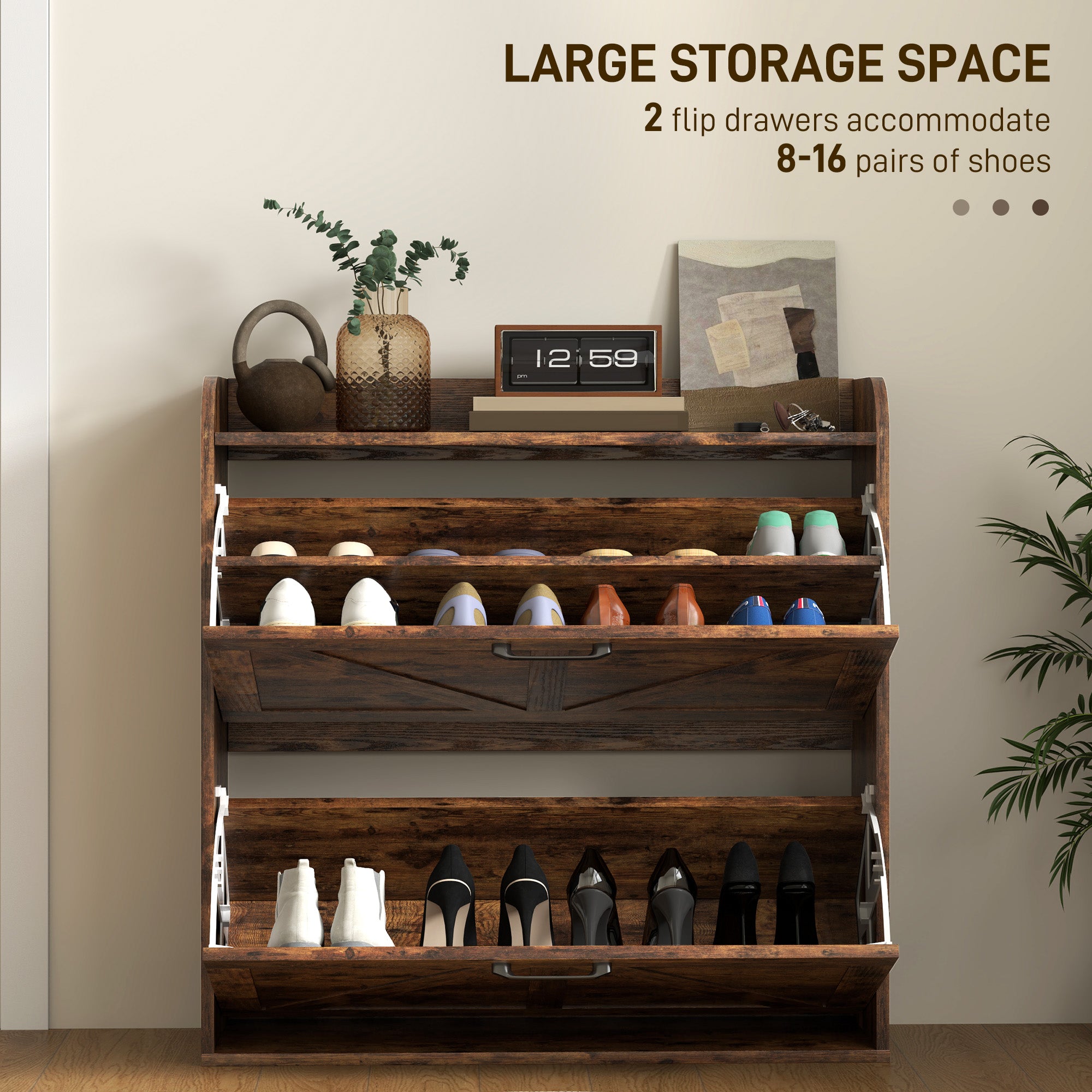 Narrow Shoe Storage Cabinet, Farmhouse Slim Shoe Cabinet with 2 Flip Drawers, Adjustable Shelves, Rustic Brown Shoe Storage Cabinets & Racks at Gallery Canada