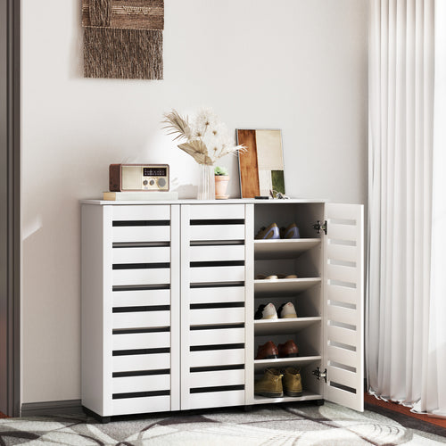 Narrow Shoe Cabinet with Slatted Doors, Adjustable Shelves for 20 Pairs of Shoes, Shoe Cabinet for Entryway, White