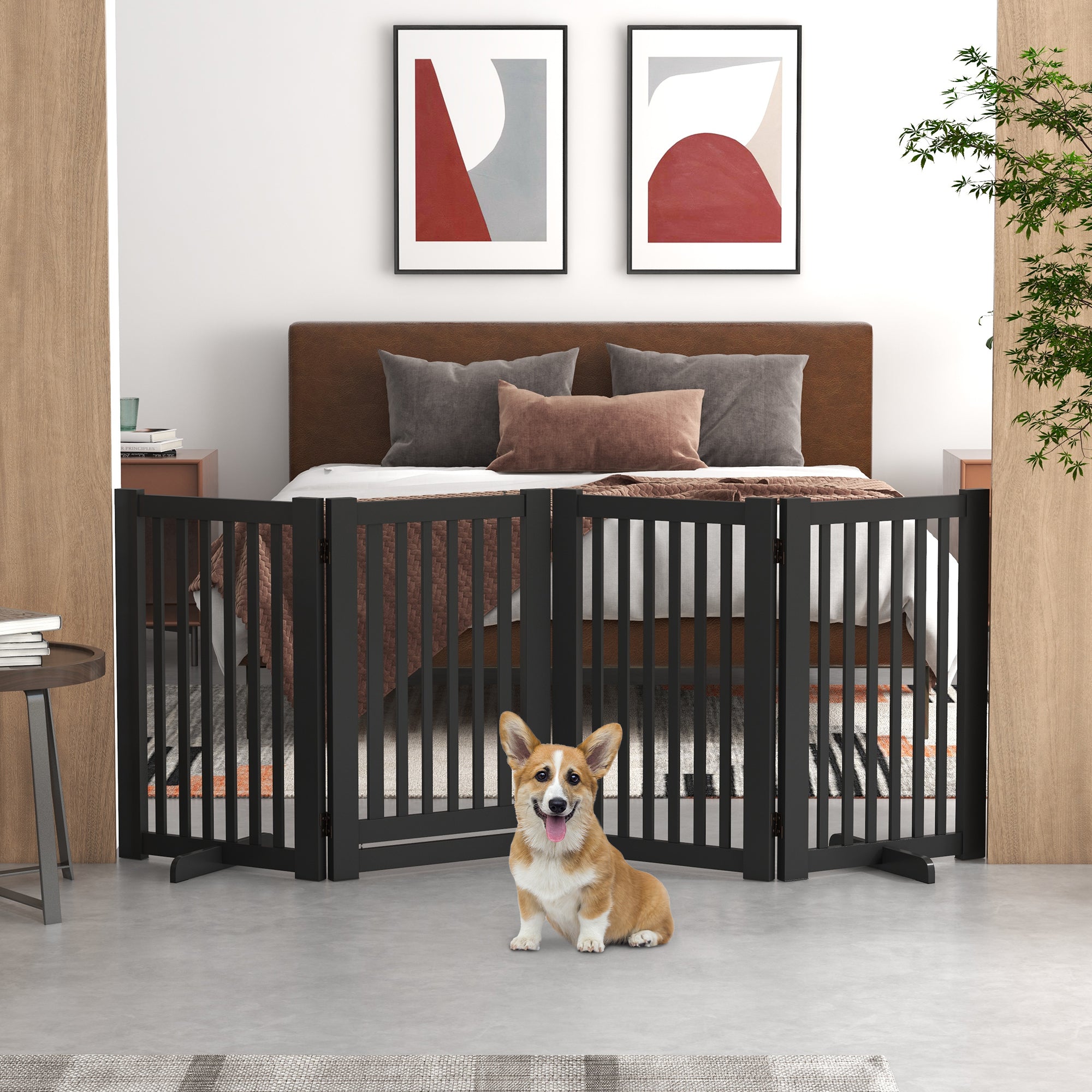 4 Panel Free Standing Wooden Pet Gate with Open Door Black Houses, Kennels & Pens   at Gallery Canada