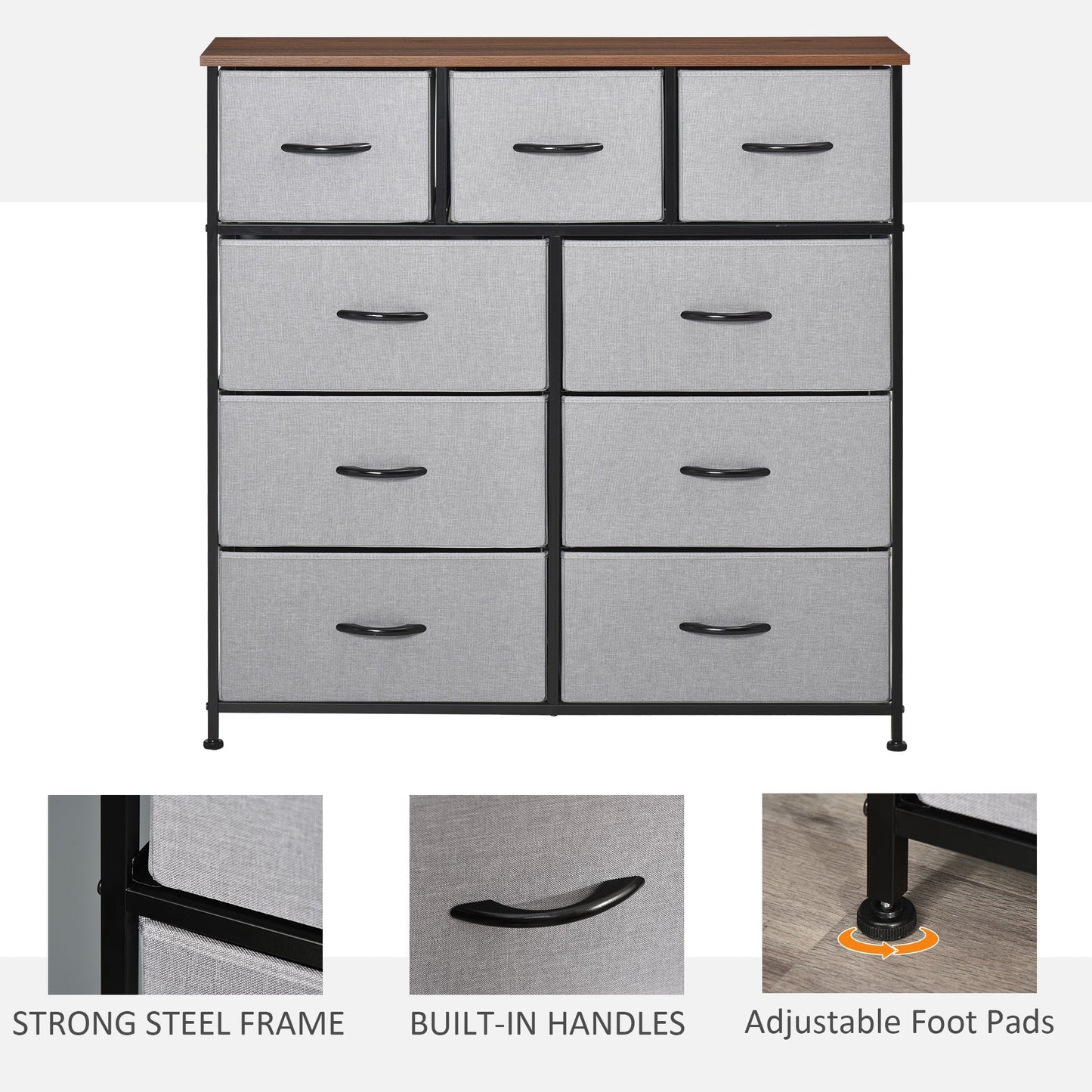 9 Bins Storage Chest Dresser Organizer Unit w/ Steel Frame, Wood Top, Easy Pull Fabric Bins, for Living Room, Hallway, Entryway Storage Cabinets   at Gallery Canada