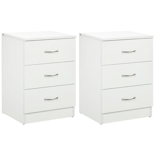 Bedside Table with 3 Drawers, Modern Wood Nightstand, Side Table with Anti-tipping Design for Bedroom, Set of 2, White