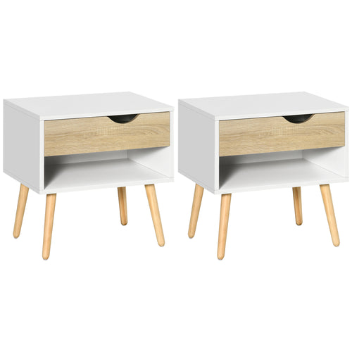 Set of 2 Bedside Table with Drawer and Shelf, Modern Nightstand, End Table for Bedroom, White