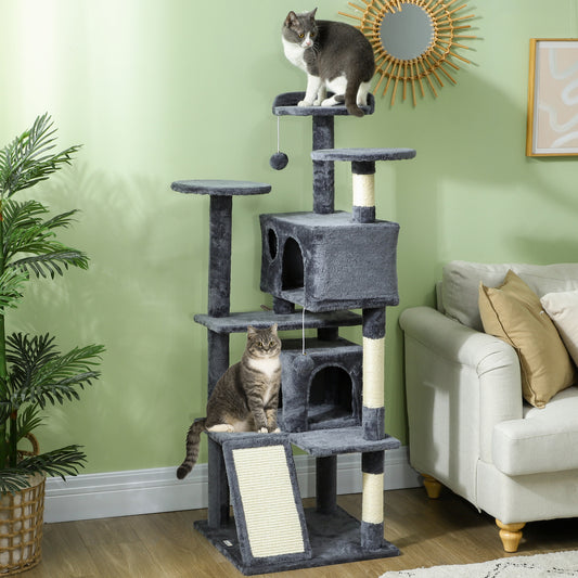 54" Cat Tree, Multi-Level Cat Tower with Scratching Posts, Cat Condos, Bed, Platforms, Ramp, Toy Ball, Dark Grey Cat Towers   at Gallery Canada