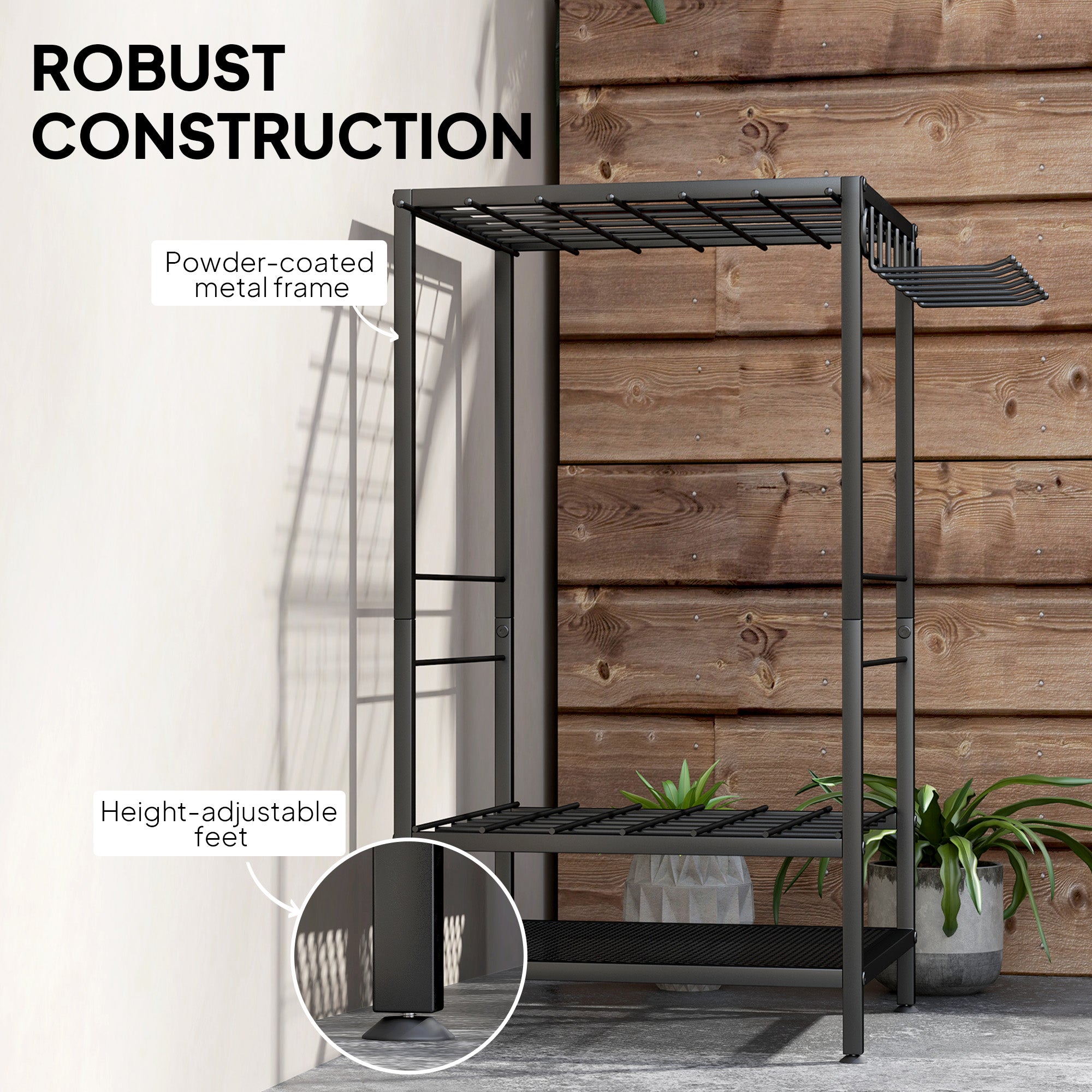3-Tier Yard Tool Tower Rack, Garden Tool Organizer with 14 Hooks for Long-Handled Rakes, Shovel, Broom, Black Garden Accessories at Gallery Canada