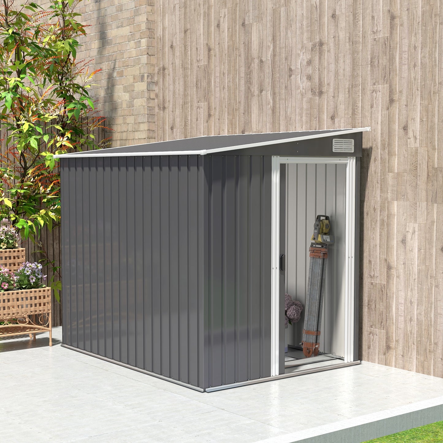 5'x7' Lean to Galvanized Metal Shed with Foundation, Garden Tool Storage House with Sliding Door and 2 Vents, Dark Grey Sheds at Gallery Canada