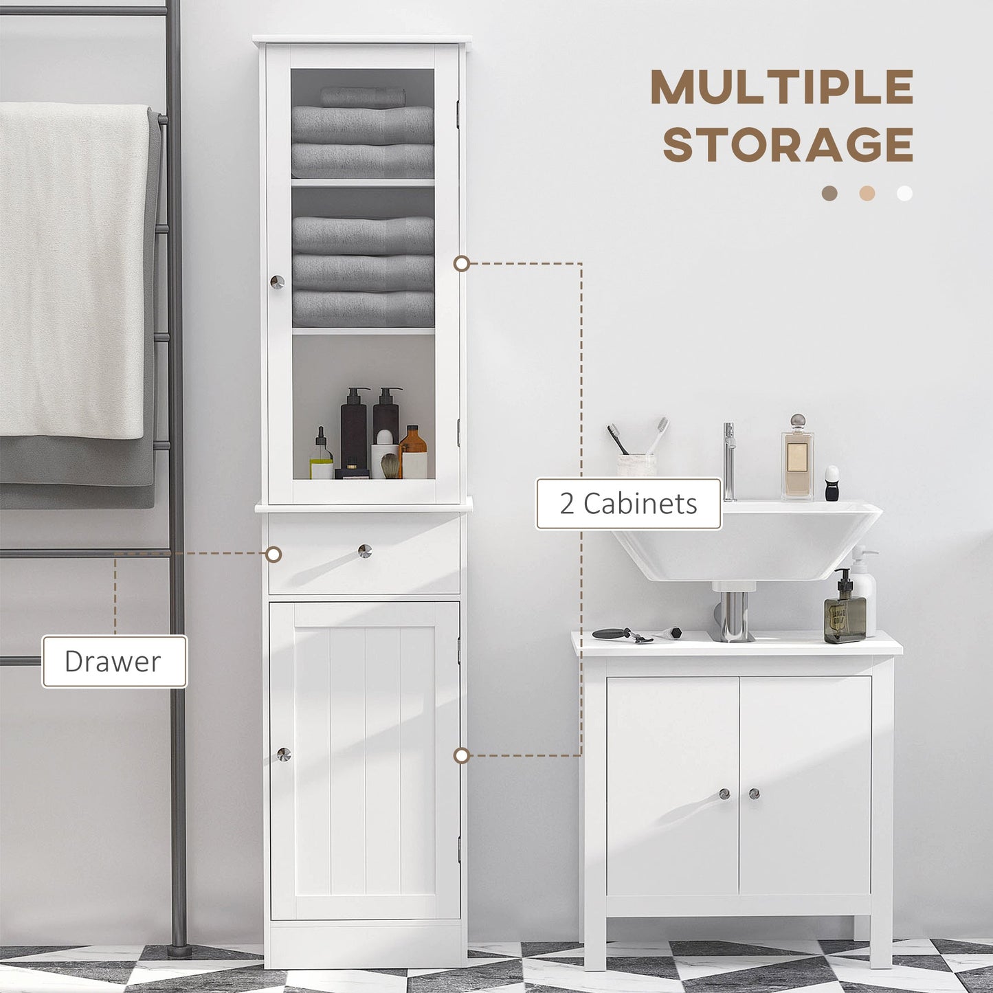 Bathroom Storage Cabinet with 3-tier Shelf Drawer, Floor Cabinet Free Standing Linen Tower Tall Slim Side Organizer Shelves, White Bathroom Cabinets   at Gallery Canada