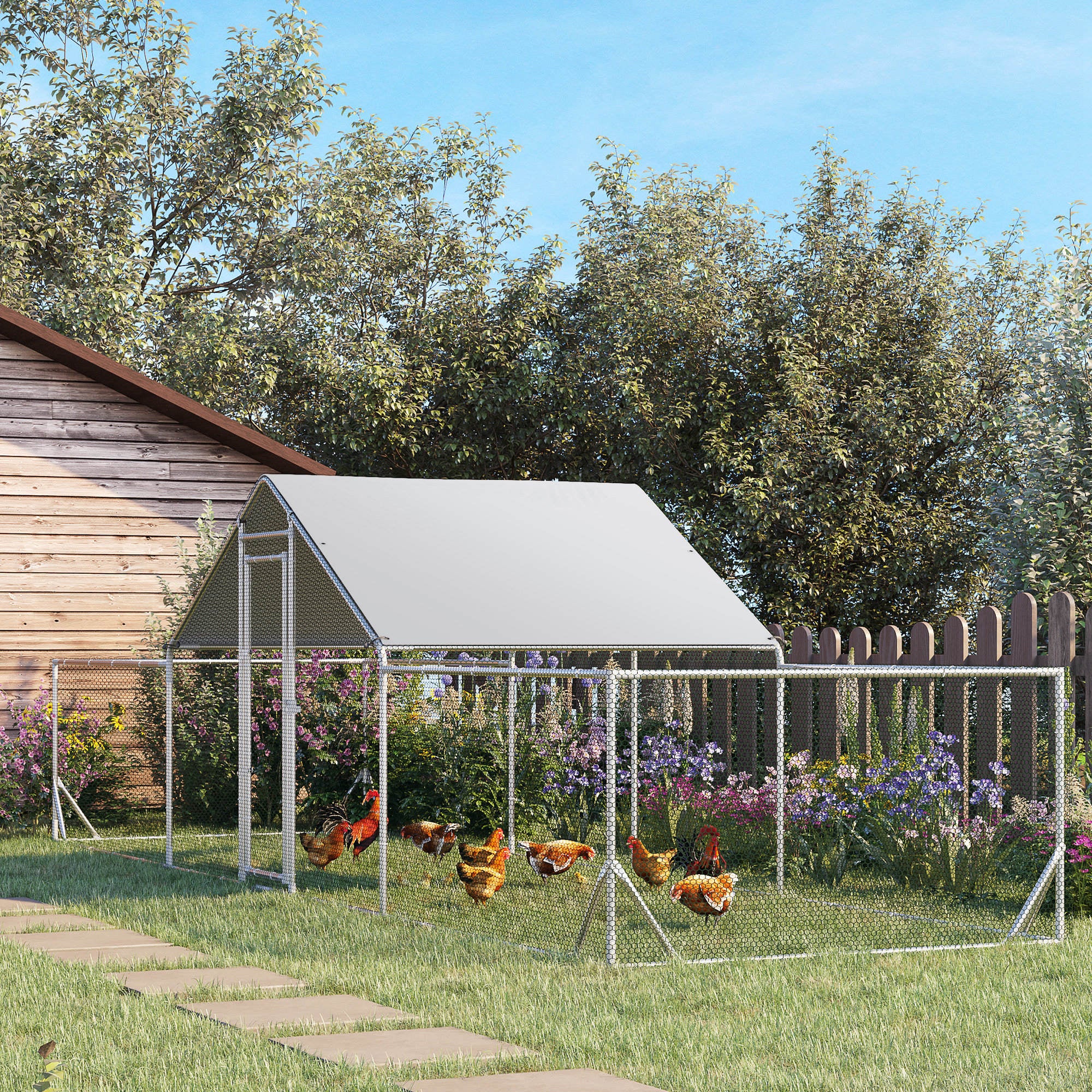 Chicken Run, 23' x 6.6' Metal Chicken Coop with Waterproof and Anti-UV Cover, Spire Roof, Door, for 12-14 Chickens, Ducks, Rabbits, Sliver Chicken Coops at Gallery Canada