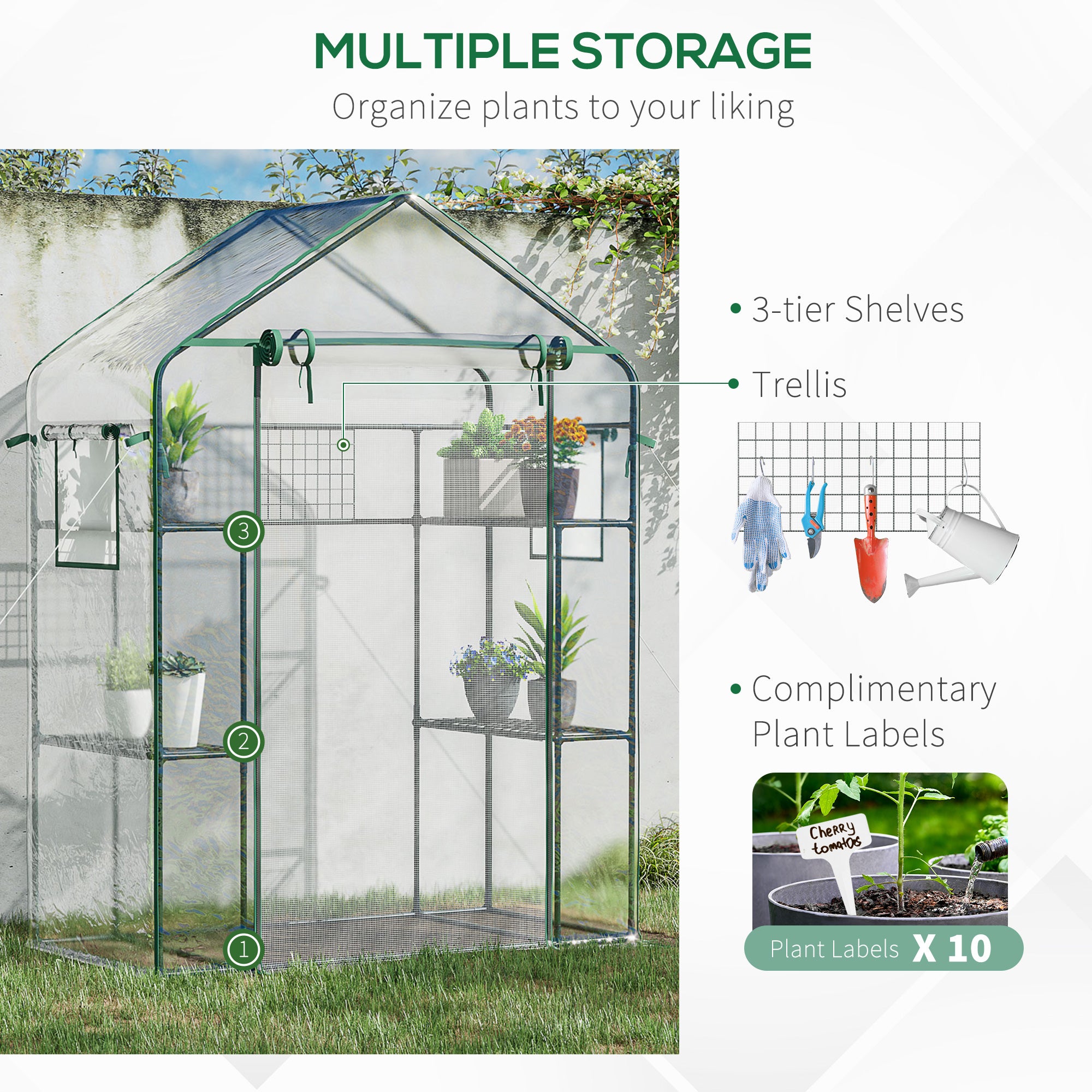 3-Tier Mini Greenhouse, Walk-in Greenhouse, Garden Hot House with 4 Shelves, Roll-Up Door, Mesh Windows, Trellis and Plant Labels, 56