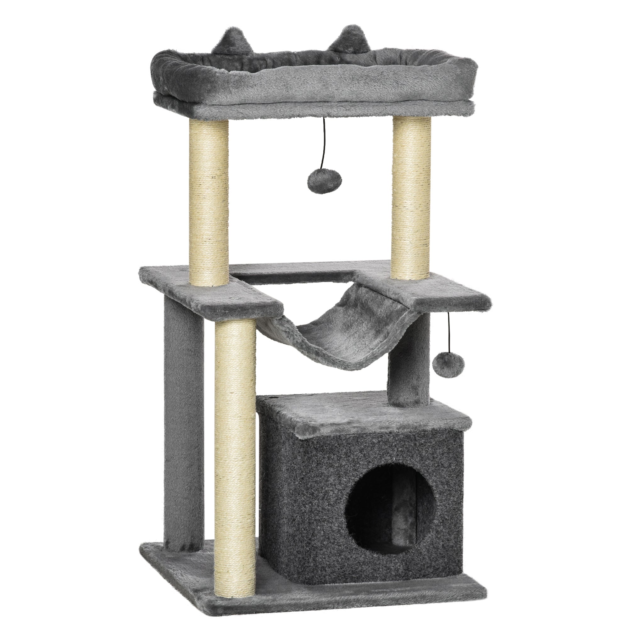 39.25'' Cat Tree Tower Multi-Level Kitten House with Scratching Post Condo Hammock Bed Ball Toy - Gray Cat Posts   at Gallery Canada