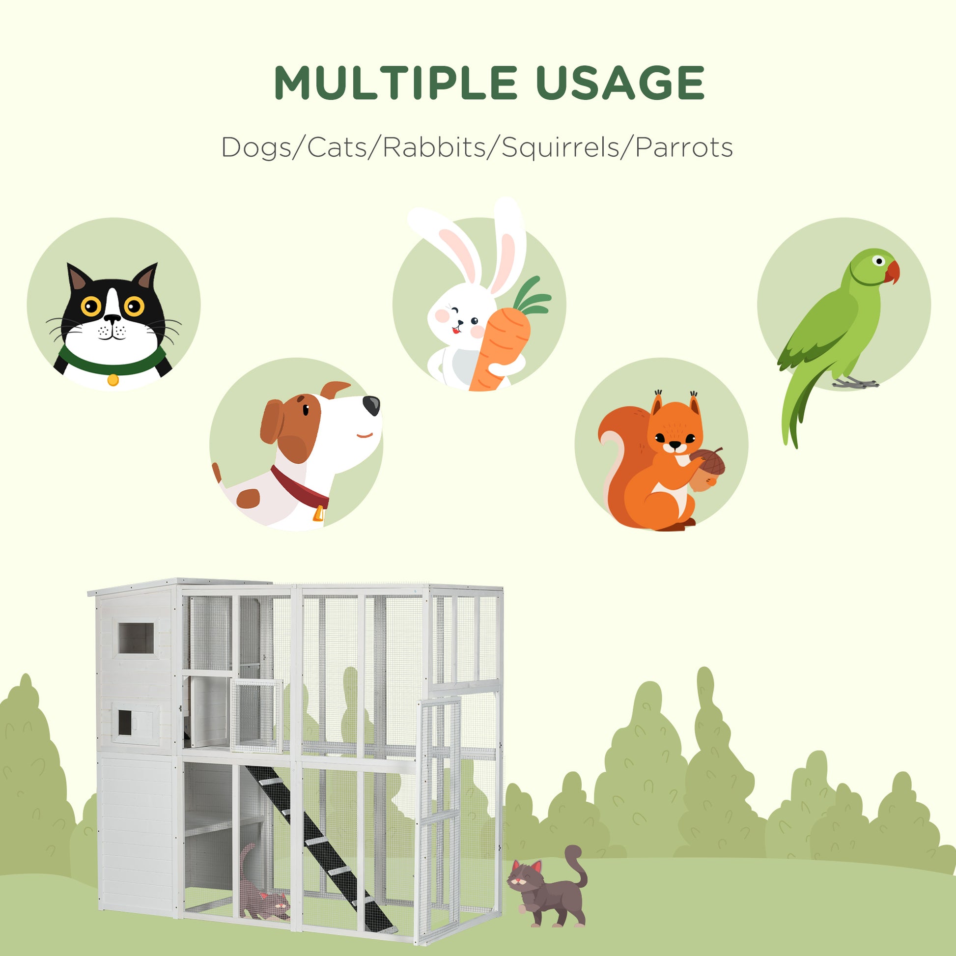 68.7" H Cat Cage Large Wooden Outdoor Cat House with Large Run for Play, Catio for Lounging, and Condo Area for Sleeping, White Outdoor Cat Enclosures   at Gallery Canada