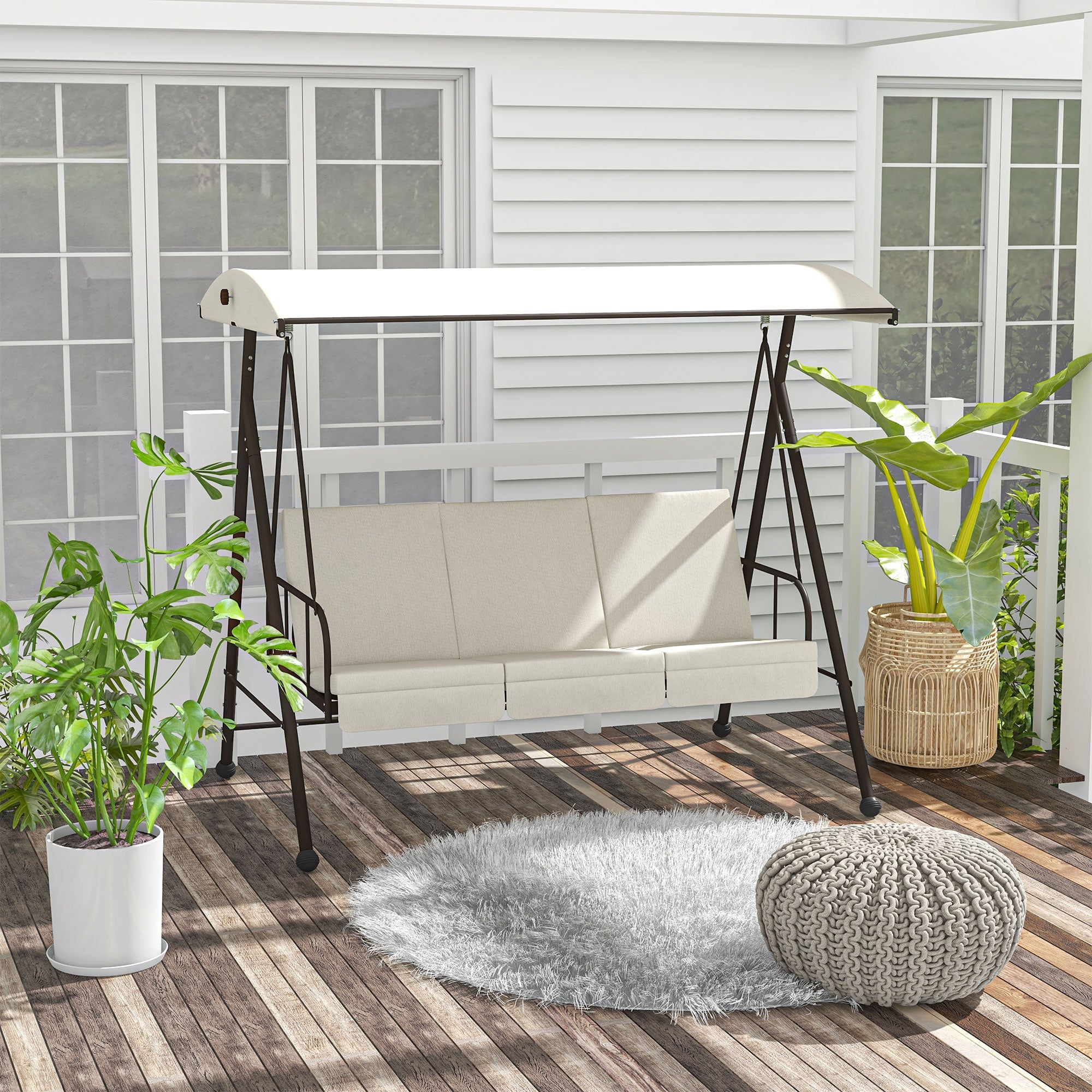 3-Seat Outdoor Porch Swing Patio Swing with Adjustable Canopy, Removable Seat and Back Cushion for Garden, Poolside Patio Swings with Stand   at Gallery Canada