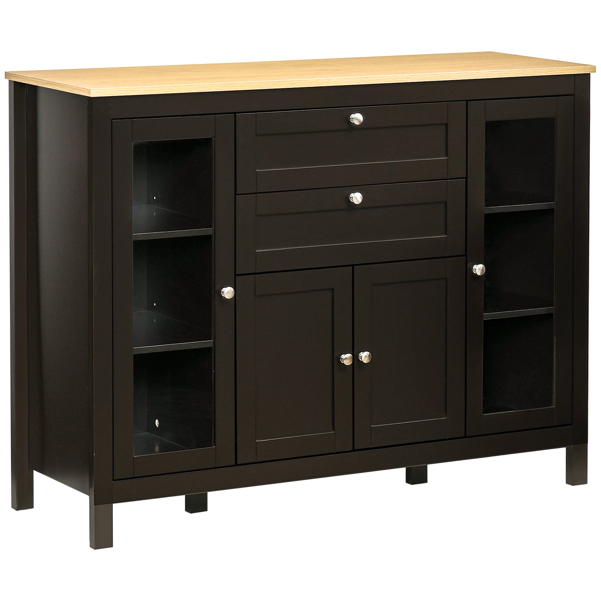 Buffet Cabinet Sideboard with 2 Drawers, 3 Storage Cabinets, Glass Doors and Adjustable Shelves, Dark Brown Bar Cabinets at Gallery Canada