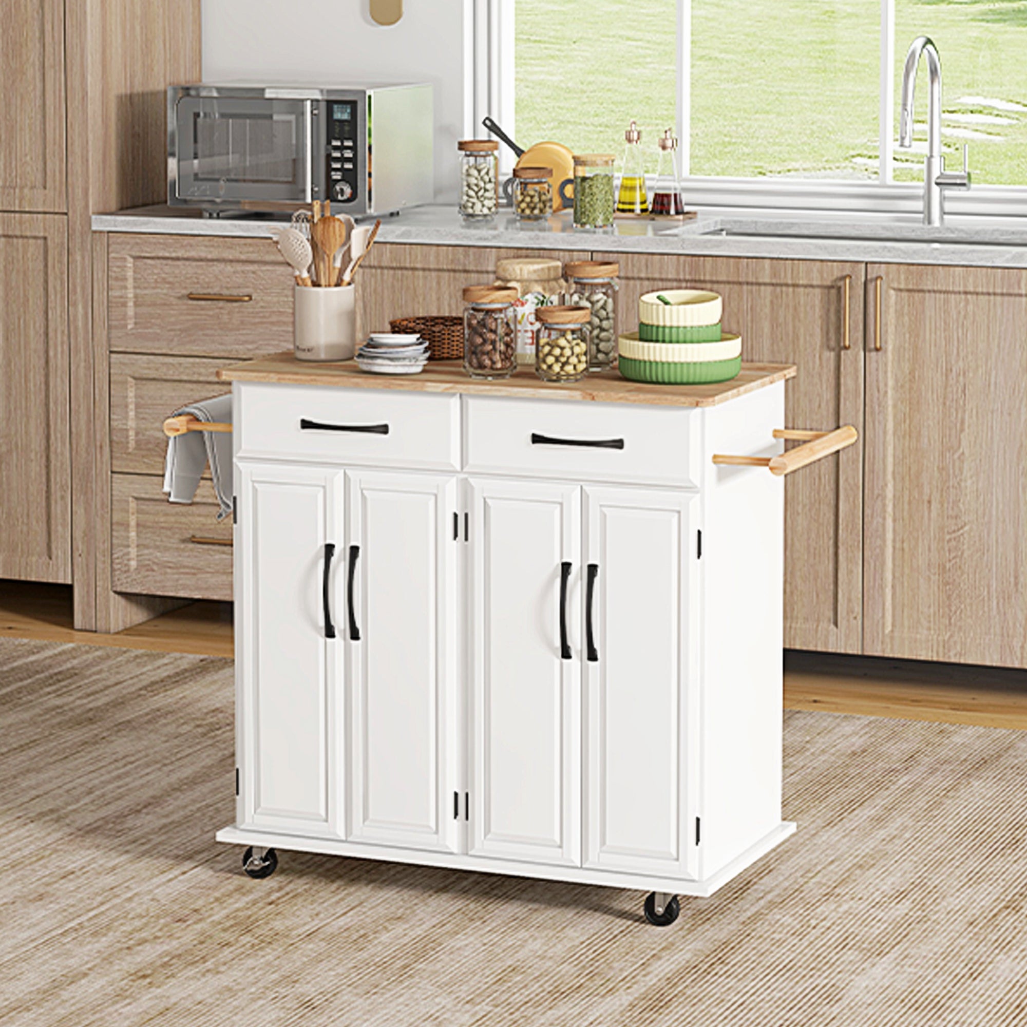 Kitchen Island on Wheels with Rubberwood Top, Rolling Kitchen Cart with 2 Drawers, 4 Doors and Adjustable Shelves Kitchen Islands & Kitchen Carts   at Gallery Canada