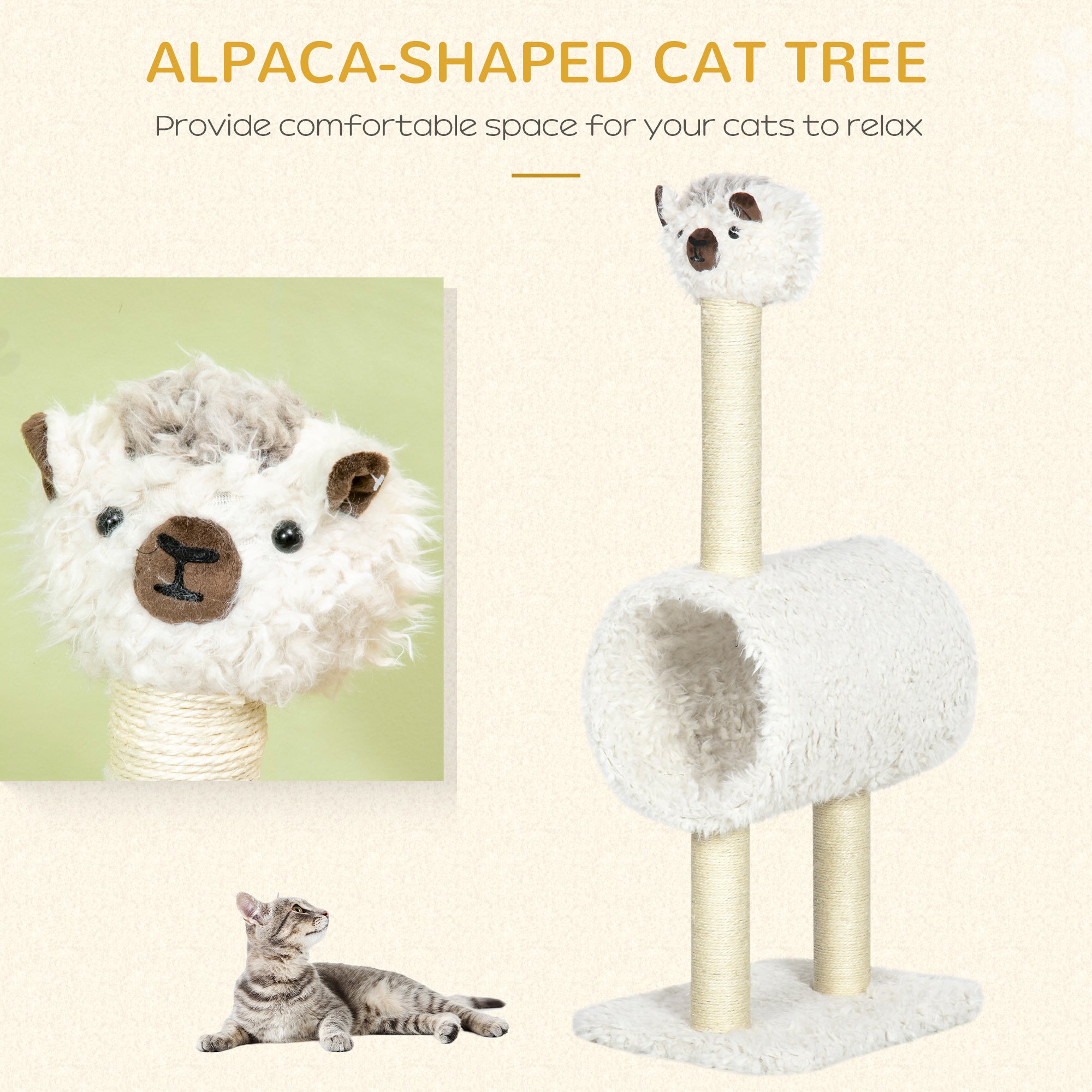 Cat Tree Alpaca-shaped Kitty Tower with Tunnel Sisal Scratching Post, 15.4