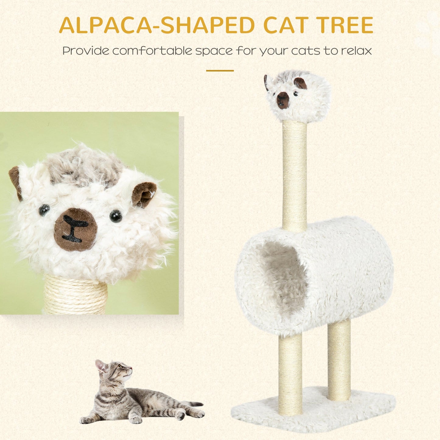 Cat Tree Alpaca-shaped Kitty Tower with Tunnel Sisal Scratching Post, 15.4" x 11.8" x 37.4", Cream Cat Towers   at Gallery Canada