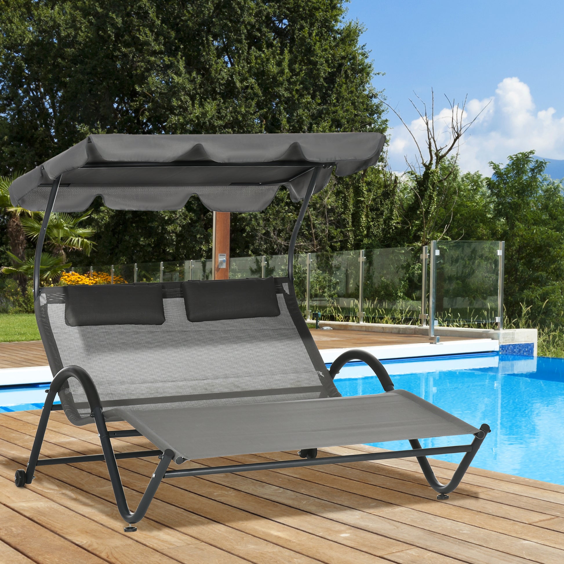 Outdoor Patio Chaise Lounge Chair, Patio Sun Lounger w/ Sunshade Roof, for Two People with Wheels and Breathable Sling Mesh Bed, Pillows, Dark Gray Daybeds Dark Grey  at Gallery Canada