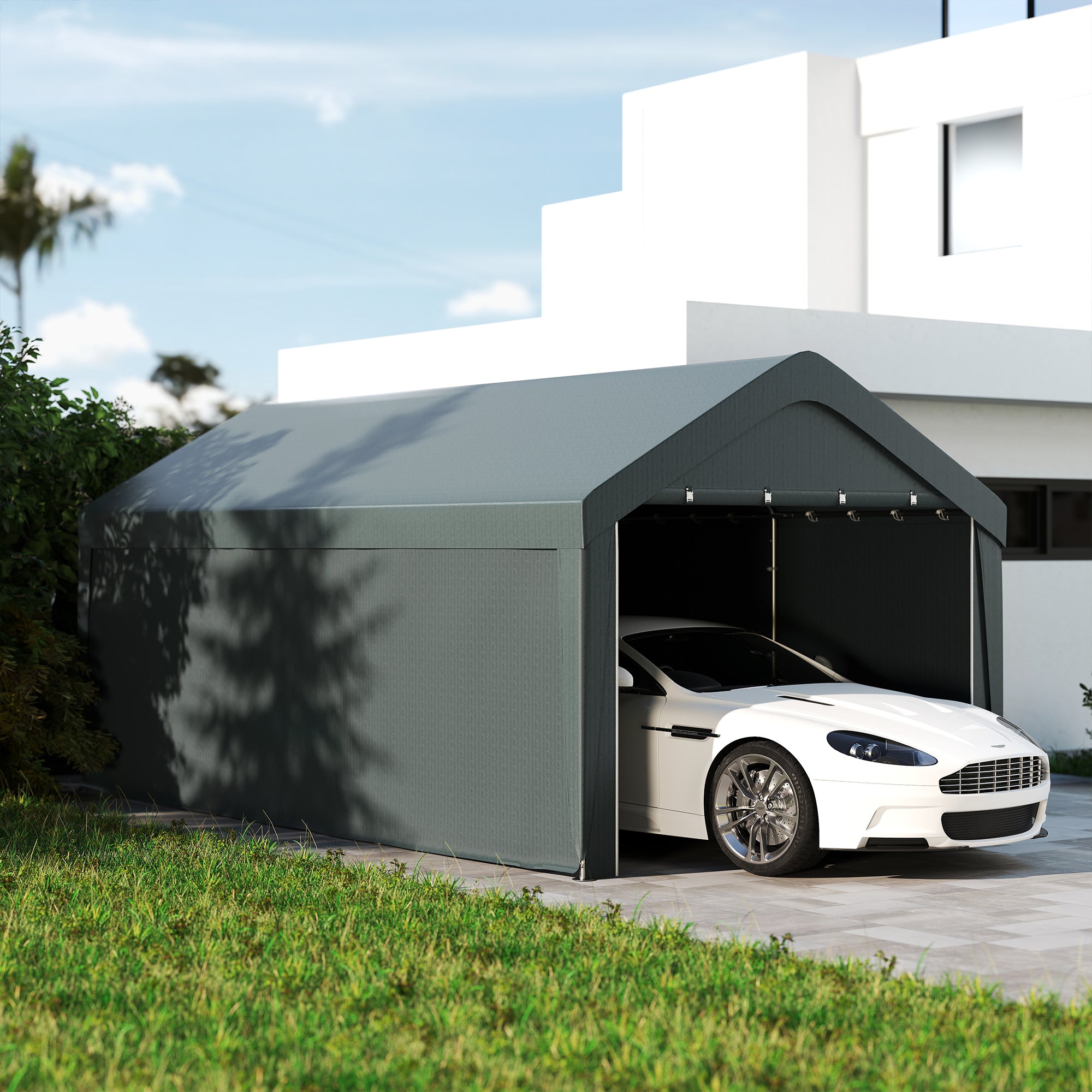 Carport, 10 x 20 ft Portable Garage with 2 Roll-Up Doors and Removable Sidewalls for Car, Truck, Boat, Dark Grey Car Shelters at Gallery Canada