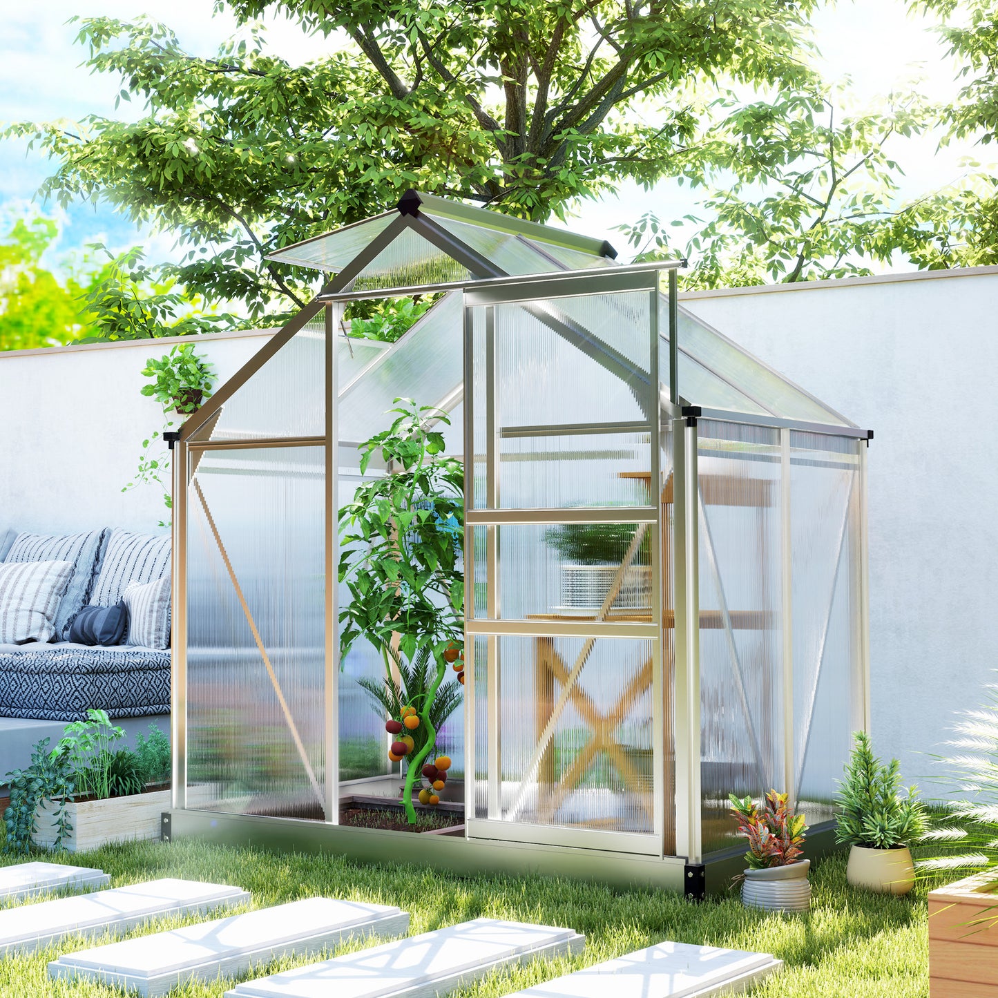 6' x 4' x 6.6' Polycarbonate Greenhouse, Walk-In Green House Kit Garden, Plants Grow, Galvanized Sheet Aluminum Frame with Rain Gutter, Vent and Sliding Door, Silver Walk In Greenhouses at Gallery Canada