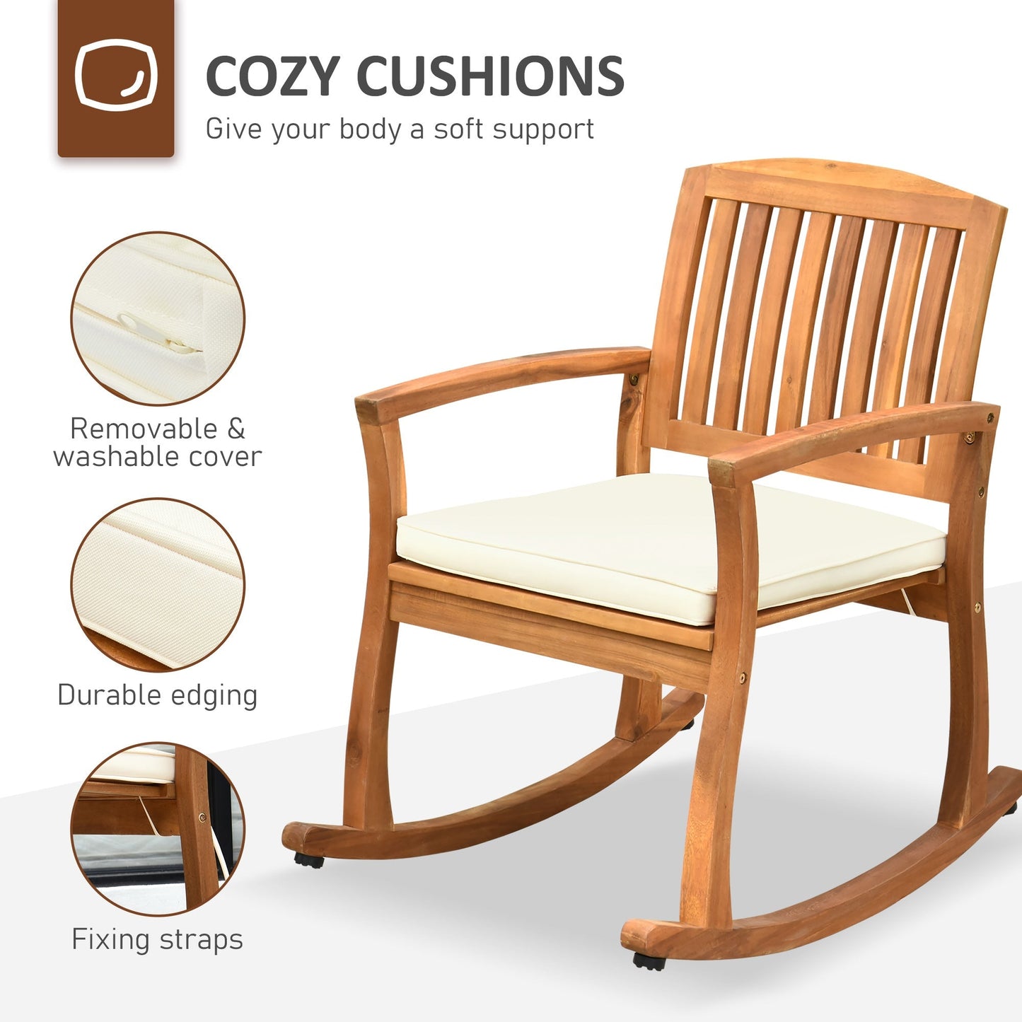 Patio Rocking Chair, Indoor Outdoor Wooden Porch Rocker with Cushion for Deck, Balcony, Garden, Patio, Teak Outdoor Rocking Chairs   at Gallery Canada