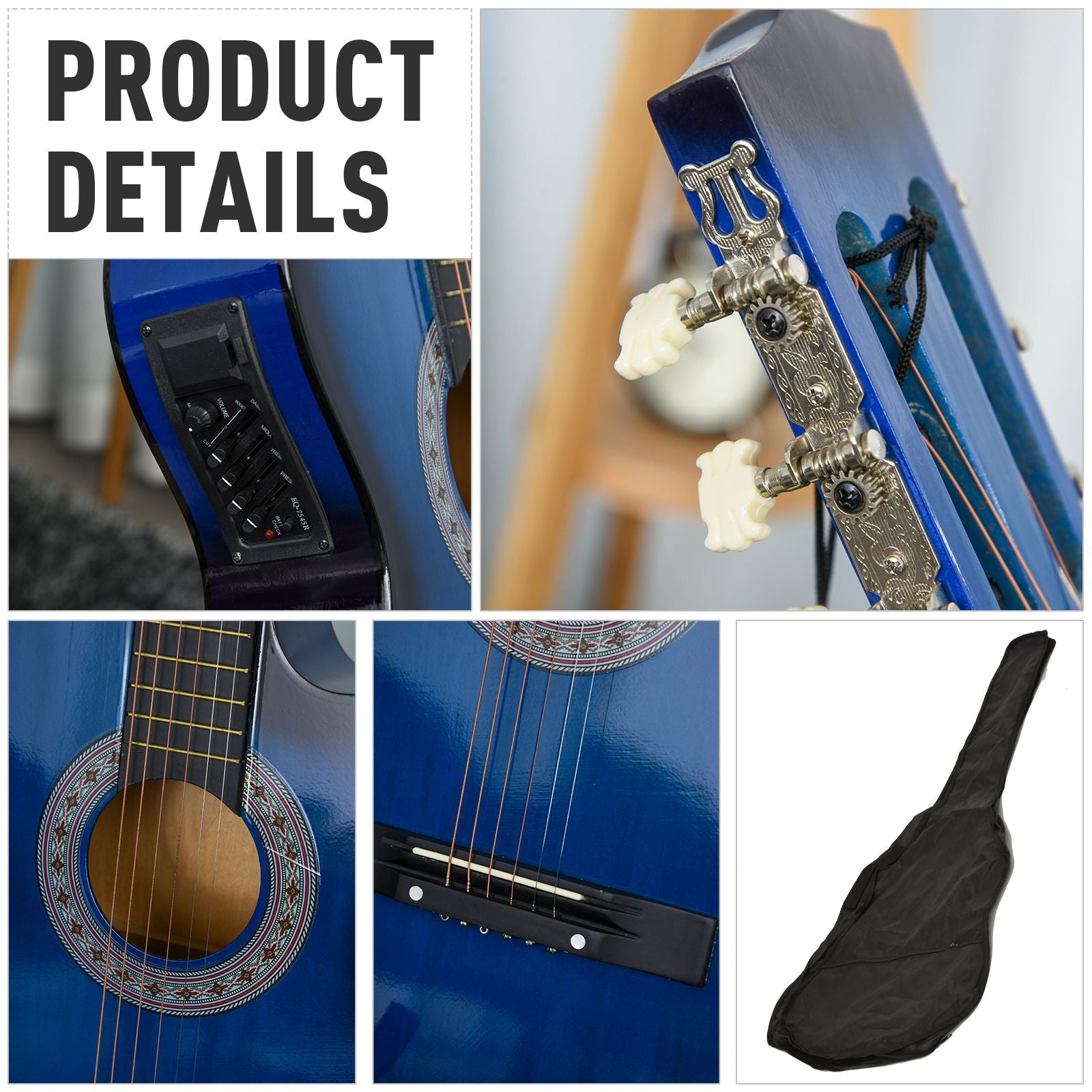 38 Inch Full Size Classical Acoustic Electric Guitar Premium Gloss Finish with Strings, Picks, Shoulder Strap and Case Bag, Blue Electronic Musical Pianos   at Gallery Canada