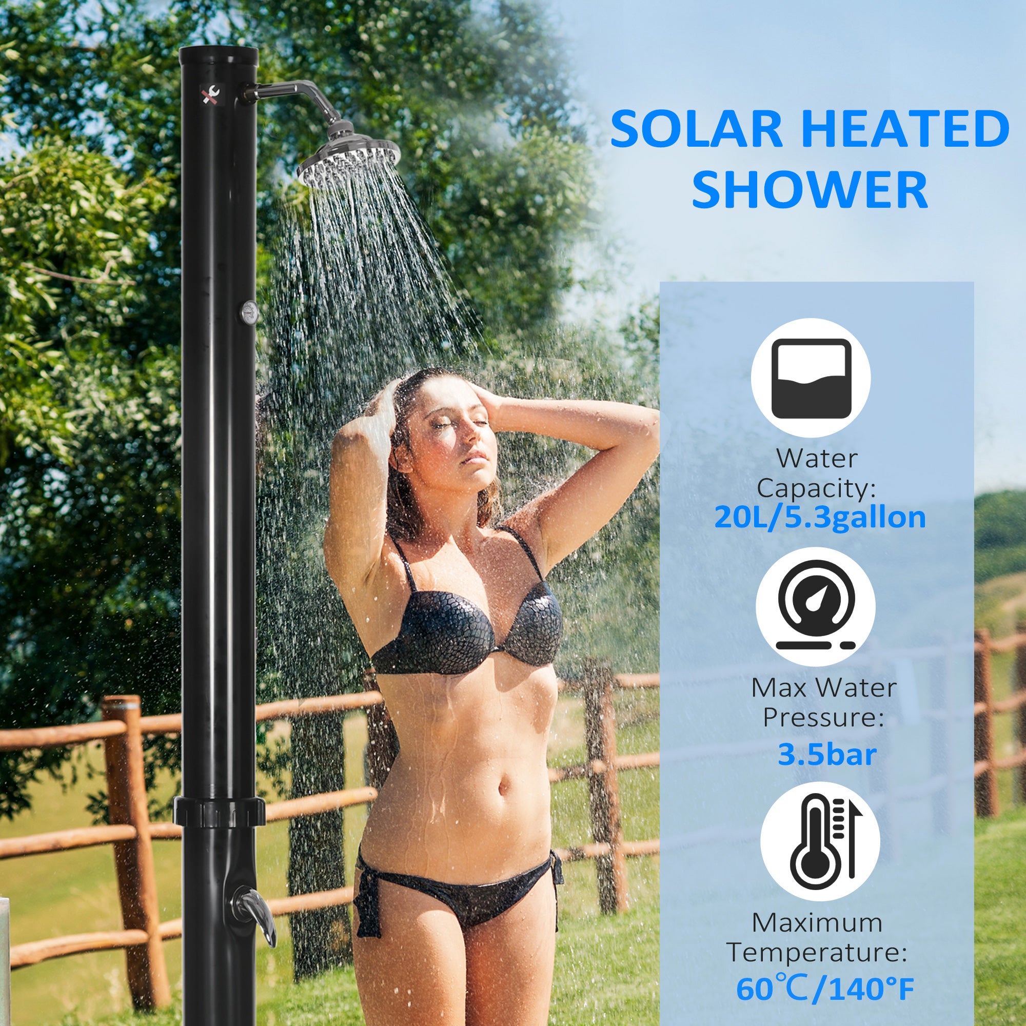 5.3 Gallons Solar Shower with Rotating Rainfall, Temperature Adjustment, 2 Section Outdoor Shower for Backyard, Black Outdoor Swimming Pools & Hot Tubs at Gallery Canada