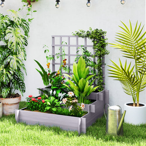 Wooden Elevated Planter Box with Trellis for Climbing Plants, 3 Tier Raised Garden Bed for Garden, Outdoor, Grey