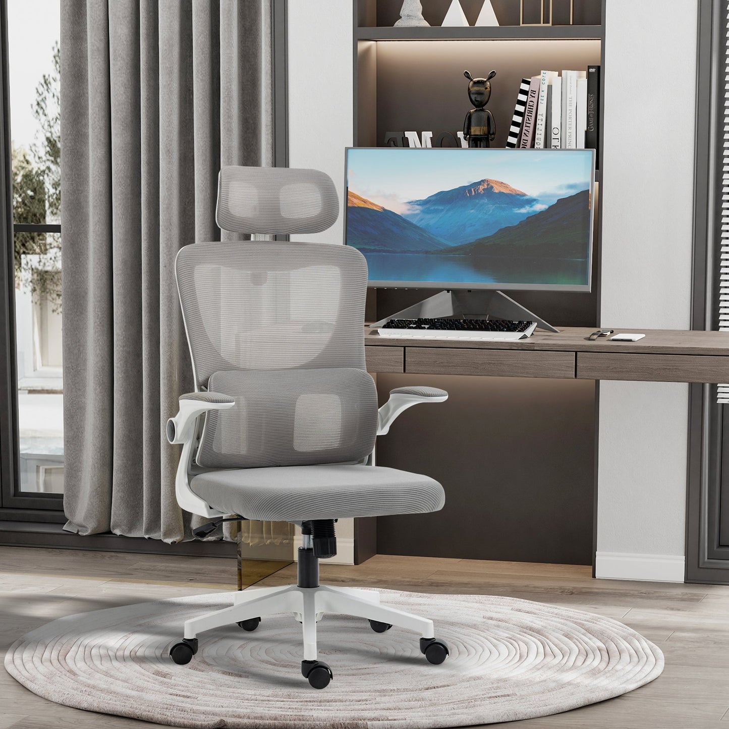 High Back Office Chair, Mesh Computer Desk Chair with Adjustable Headrest, Lumbar Support, Armrest, Adjustable Height, Grey Executive & Manager Chairs   at Gallery Canada