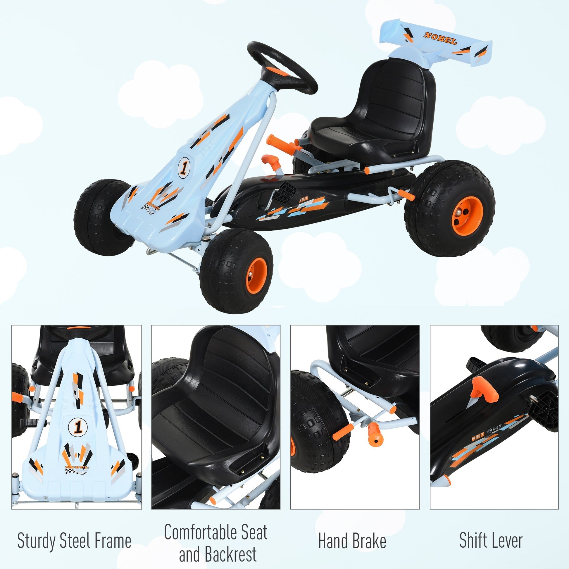 Adjustable Pedal Powered Kids Go Kart with Handbrake and Shift Lever, Light Blue Pedal Go Karts for Kids   at Gallery Canada