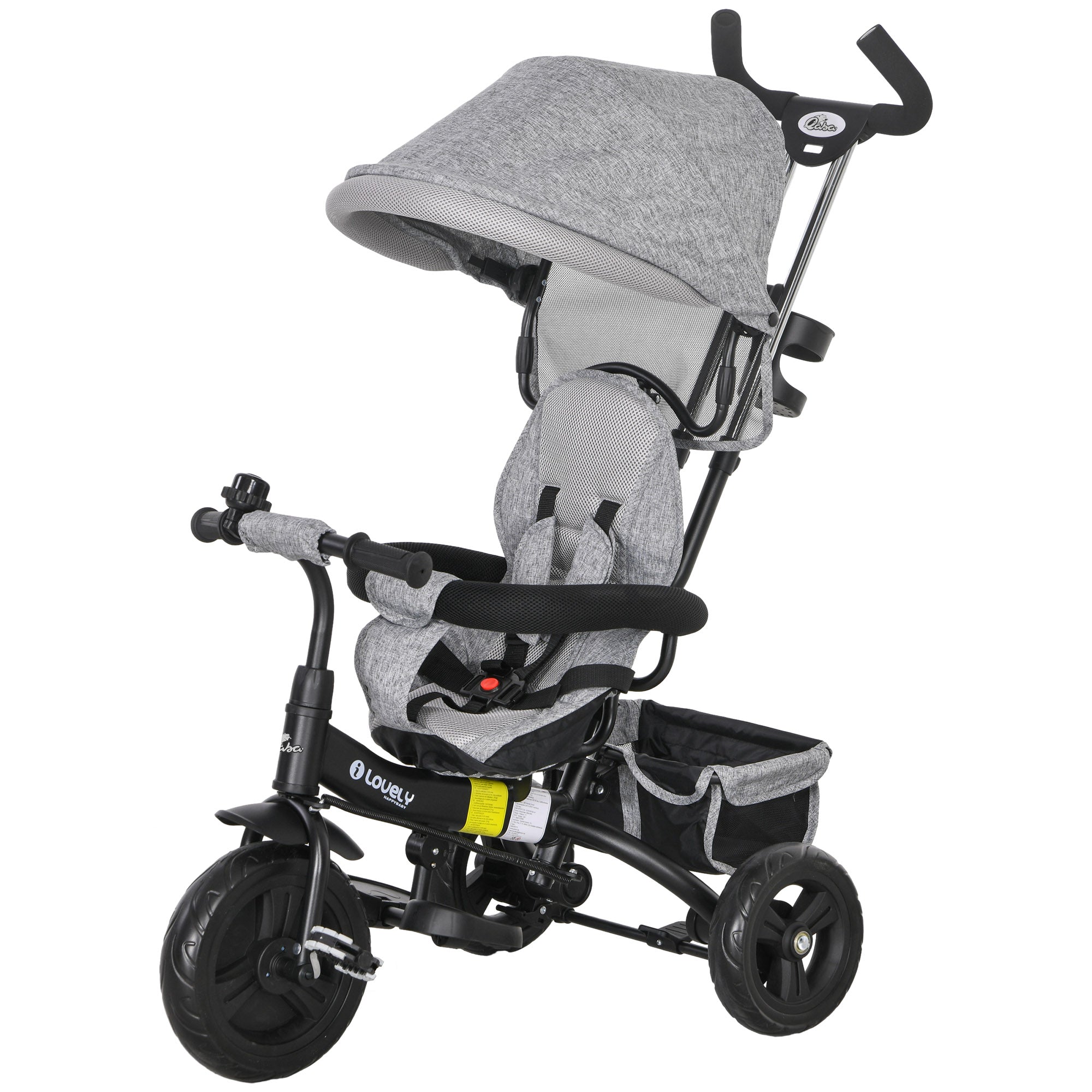 6 in 1 Toddler Tricycle Stroller with Basket, Canopy, 5-point Safety Harness, for 12-60 Months, Grey Tricycles for Kids Grey, Black at Gallery Canada