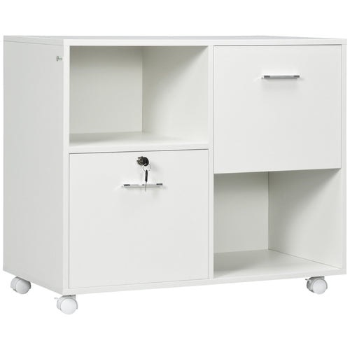 Lateral Filing Cabinet with Drawers and Lock, File Cabinet, Mobile Printer Stand with Open Shelves and Wheels for Letter and A4 Size Documents, White